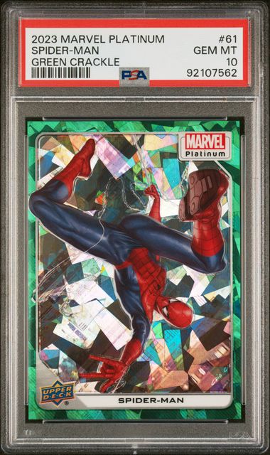 2023 UPPER DECK MARVEL PLATINUM SPIDER-MAN GREEN CRACKLE #61 PSA GEM MT 10