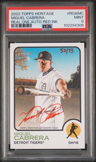 2022 TOPPS HERITAGE REAL ONE AUTOGRAPHS MIGUEL CABRERA REAL ONE AUTO-RED INK #ROAMC PSA MINT 9