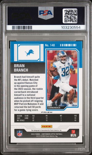 2023 PANINI CONTENDERS OPTIC BRIAN BRANCH AUTOGRAPH-CRACKED ICE #148 PSA MINT 9