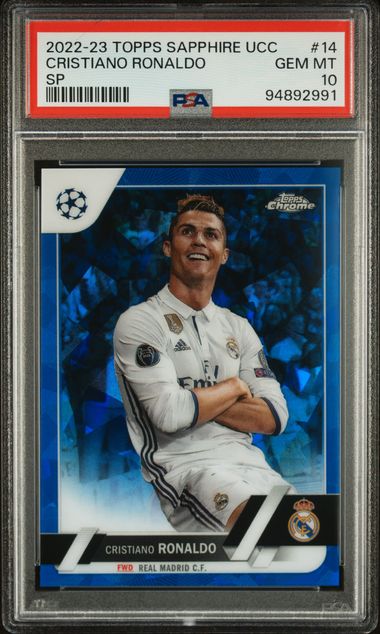 2022-23 TOPPS CHROME SAPPHIRE EDITION UEFA CLUB COMPETITIONS CRISTIANO RONALDO SP #14 PSA GEM MT 10