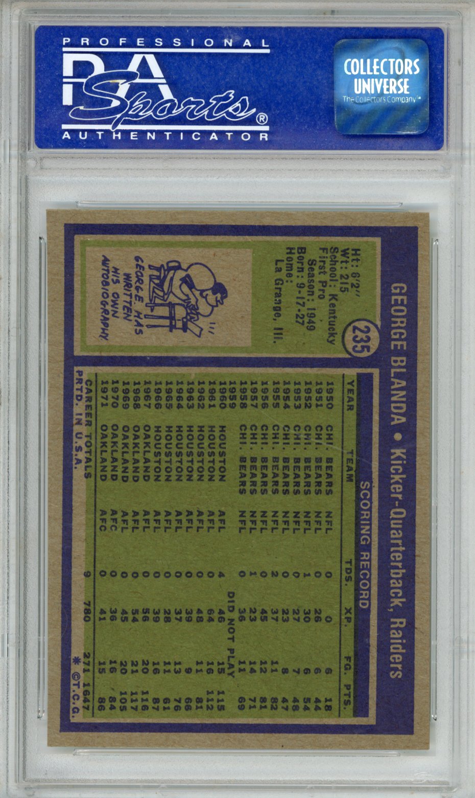 1972 Topps George Blanda #235 Oc PSA 8