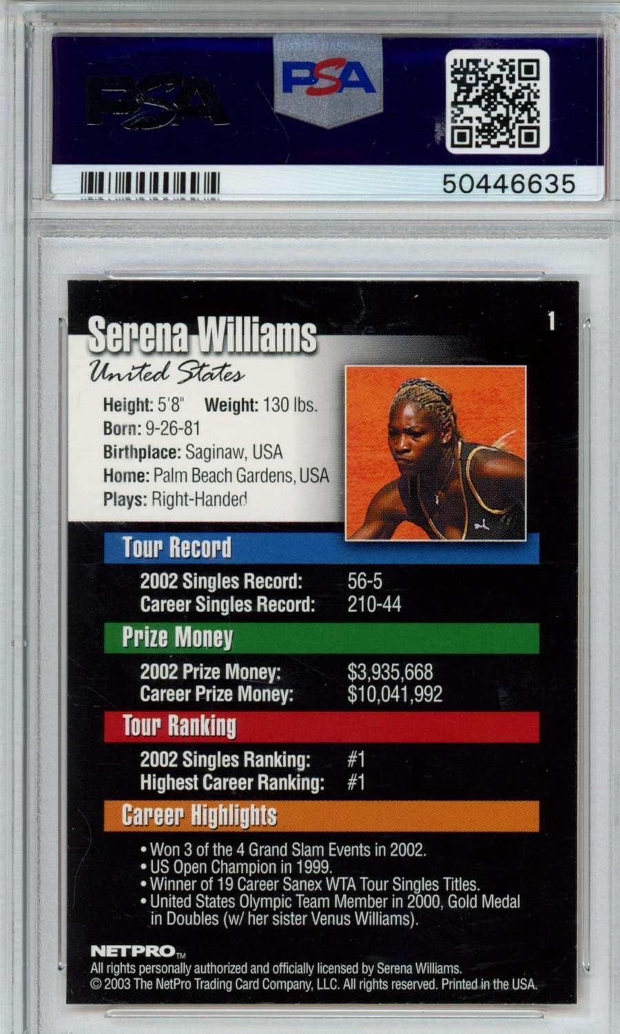 2003 Netpro Serena Williams #1 PSA 10