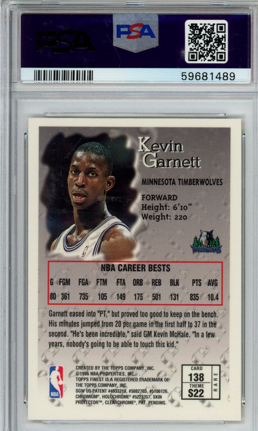 1996 Finest Kevin Garnett #138 W Coating PSA 8