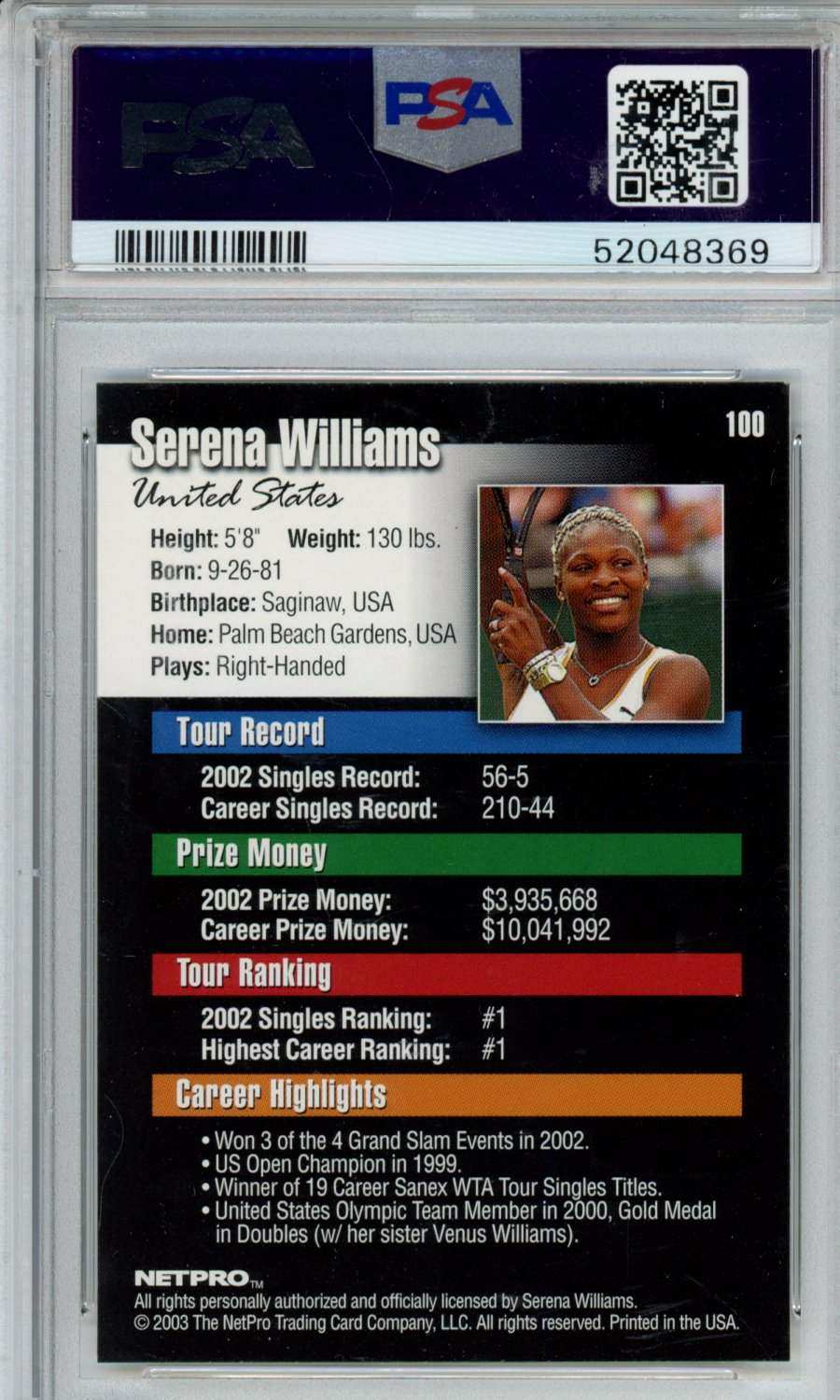 2003 Netpro Serena Williams #100 PSA 9