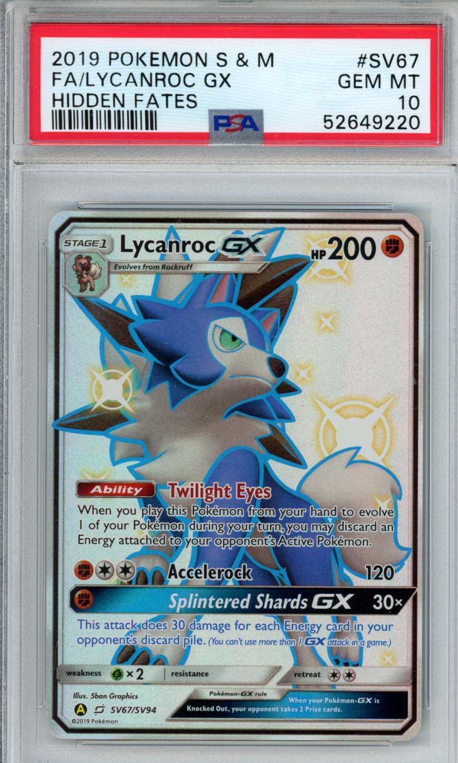 PokéMon TCG Lycanroc GX Fa #SV67 Mongolian Hidden Fates PSA 10