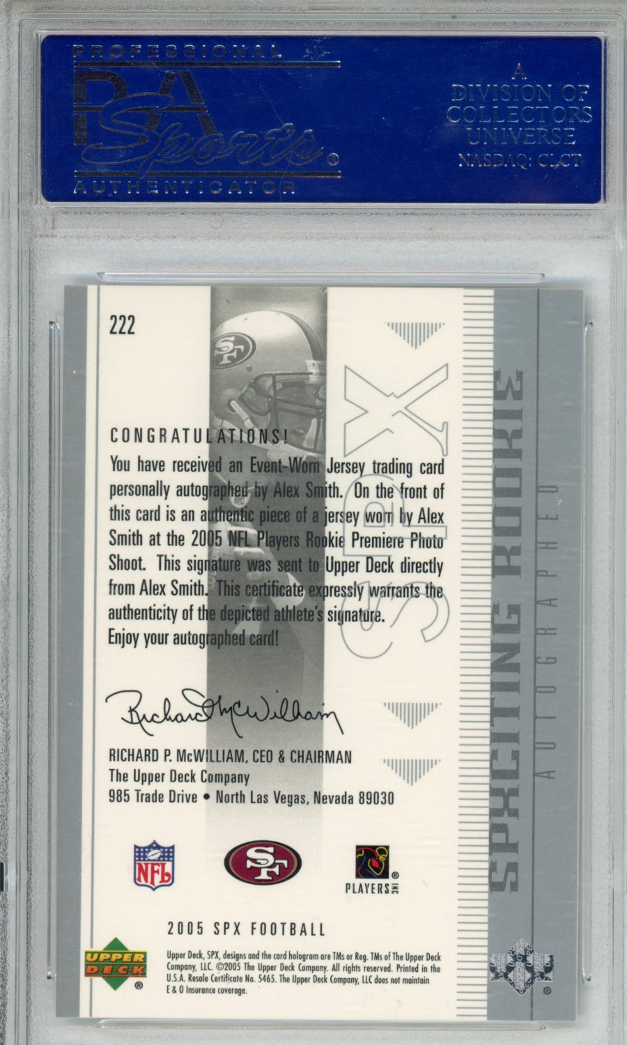 2005 SPX Alex Smith #222 Signed Jersey PSA 9