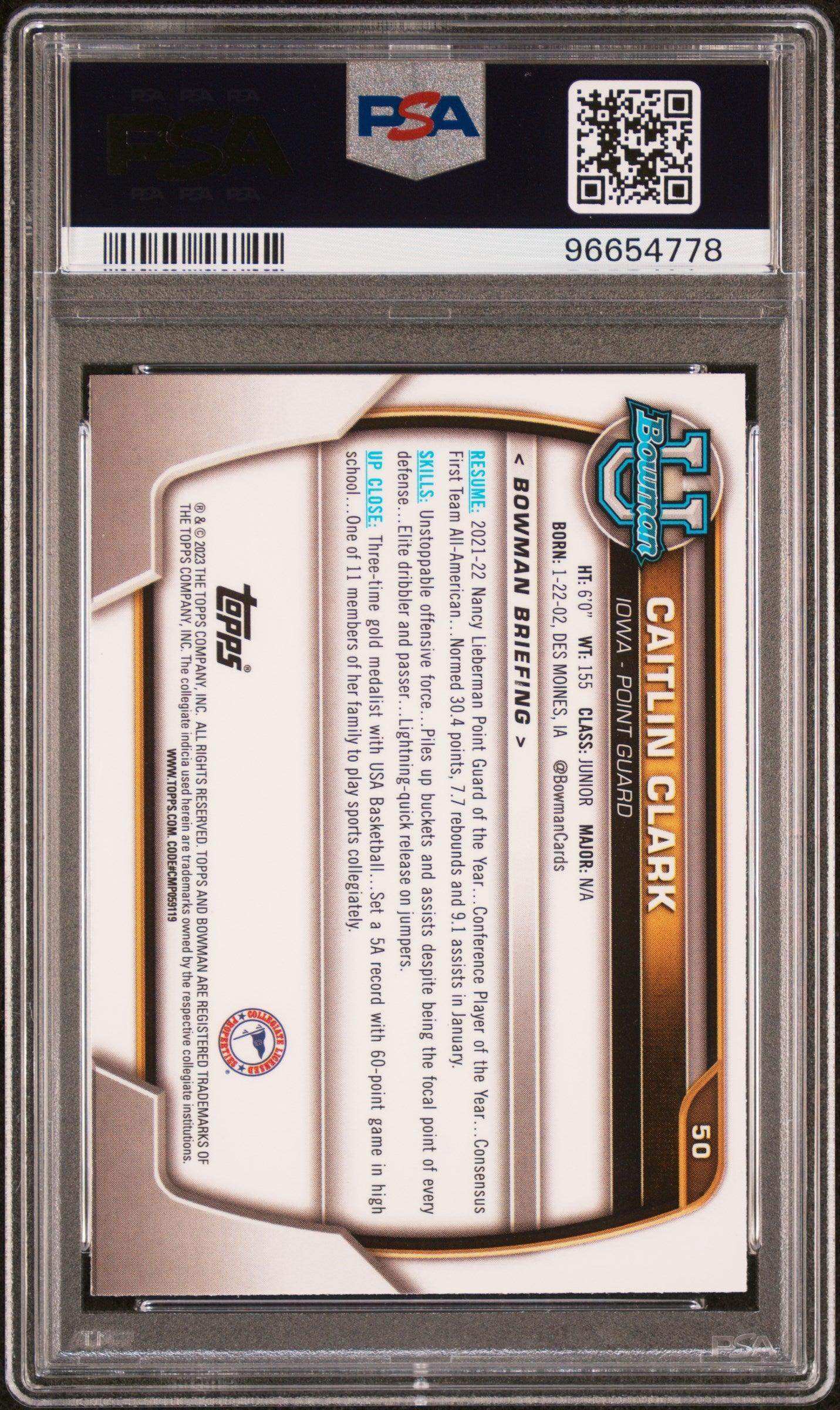 2022 Bowman Chrome University Caitlin Clark #50 PSA 10