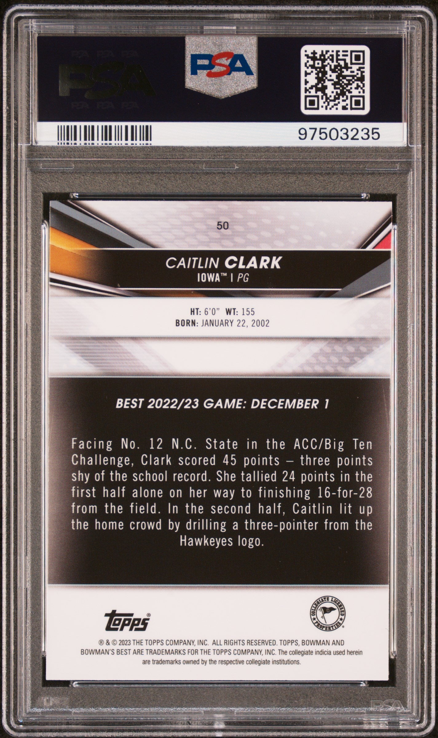 2022 Bowman University Best Caitlin Clark #50 PSA 10