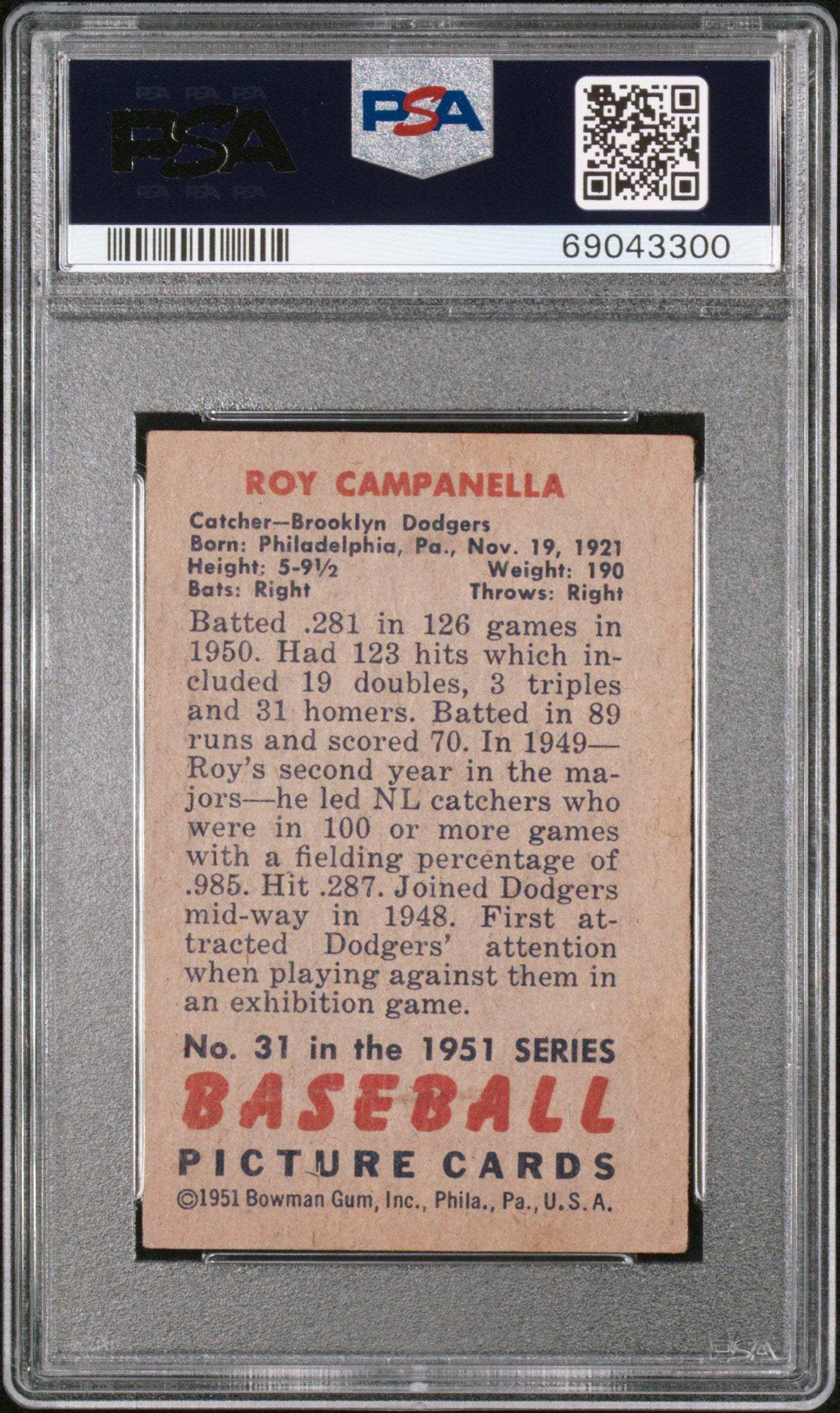 1951 Bowman Roy Campanella #31 PSA 4