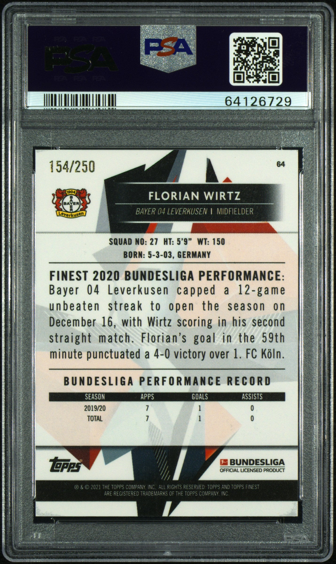 2020 Topps Finest Bundesliga Florian Wirtz #64 Purple Wave Refractor PSA 10