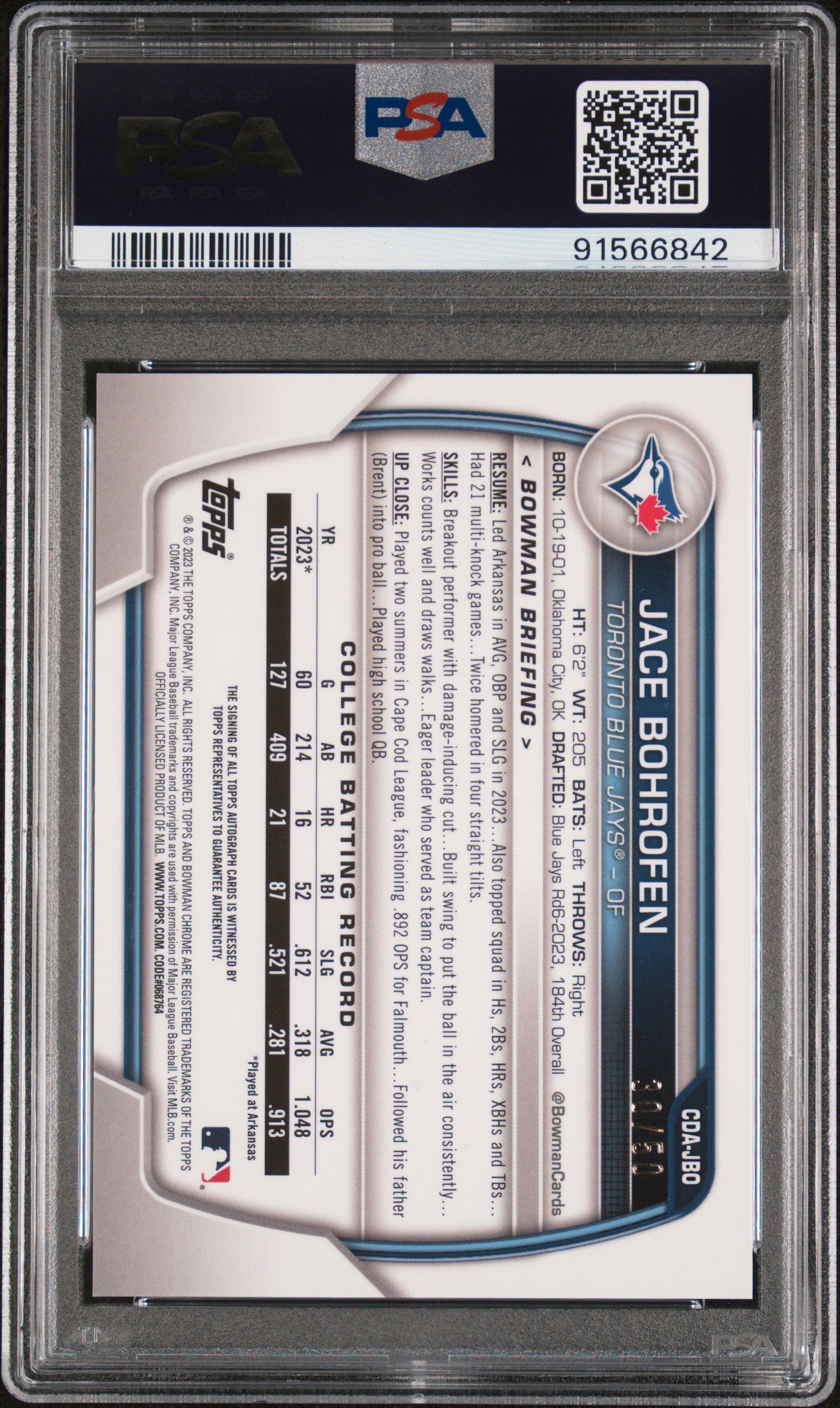 2023 Bowman Draft Chrome Prospect Autograph Jace Bohrofen #CDAJBO Gold Ref PSA 9