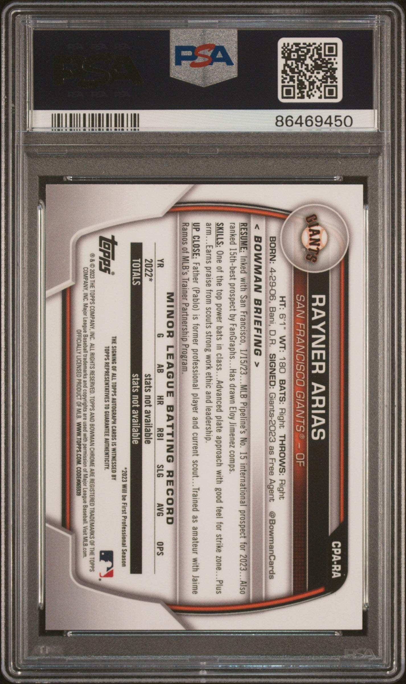 2023 Bowman Chrome Prospect Autographs Rayner Arias #CPARA PSA 10