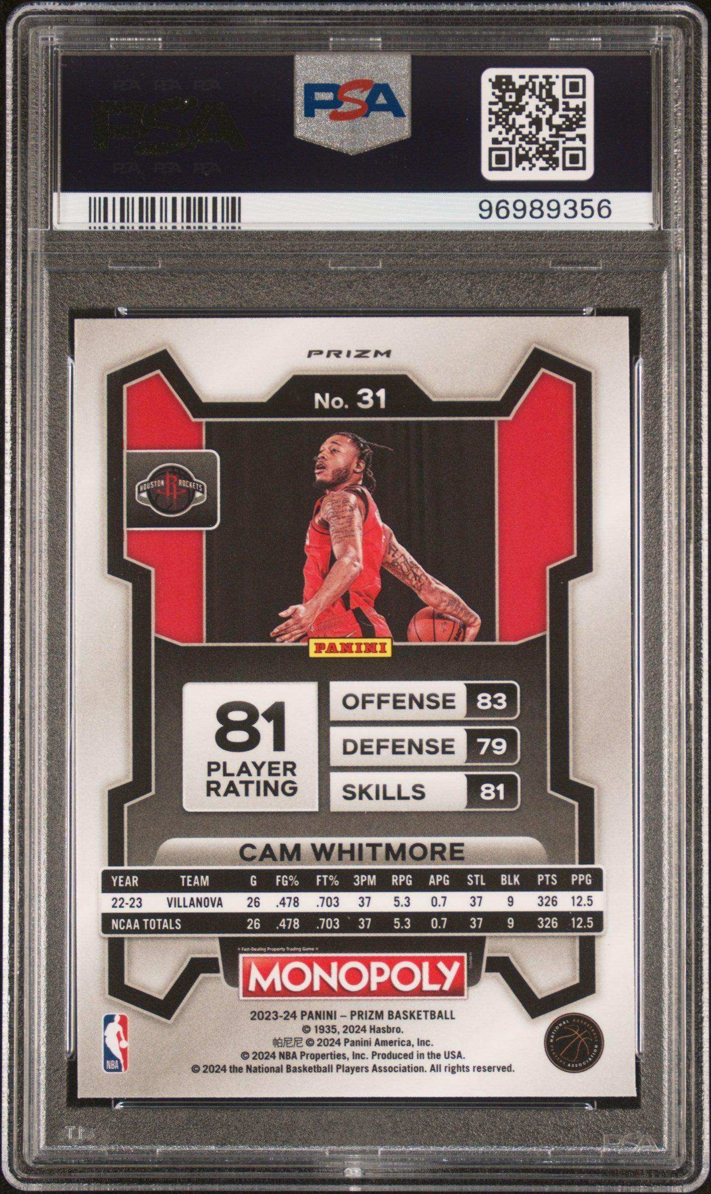 2023 Panini Prizm Monopoly Cam Whitmore #31 Monopoly Red Pattern PSA 10