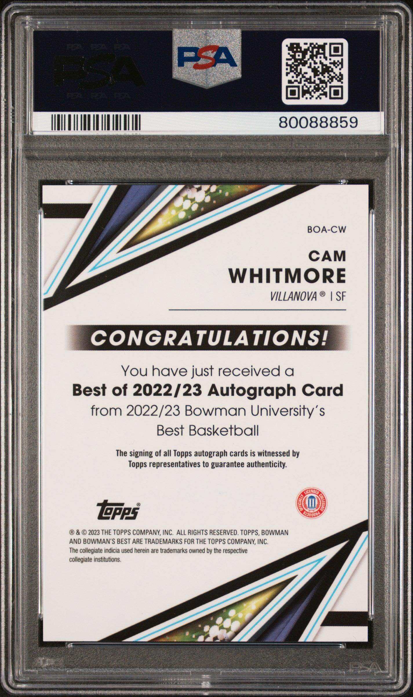 2022 Bowman University Best Best Of 2022 Autograph Cam Whitmore #BOACW Best Of 2022 Autograph PSA 10