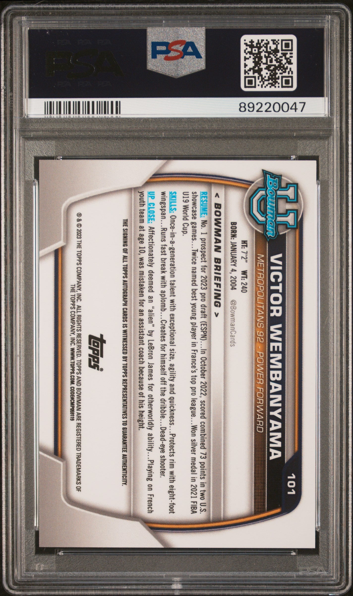 2022 Bowman Chrome University Victor Wembanyama #101 Prospect Autograph PSA 10