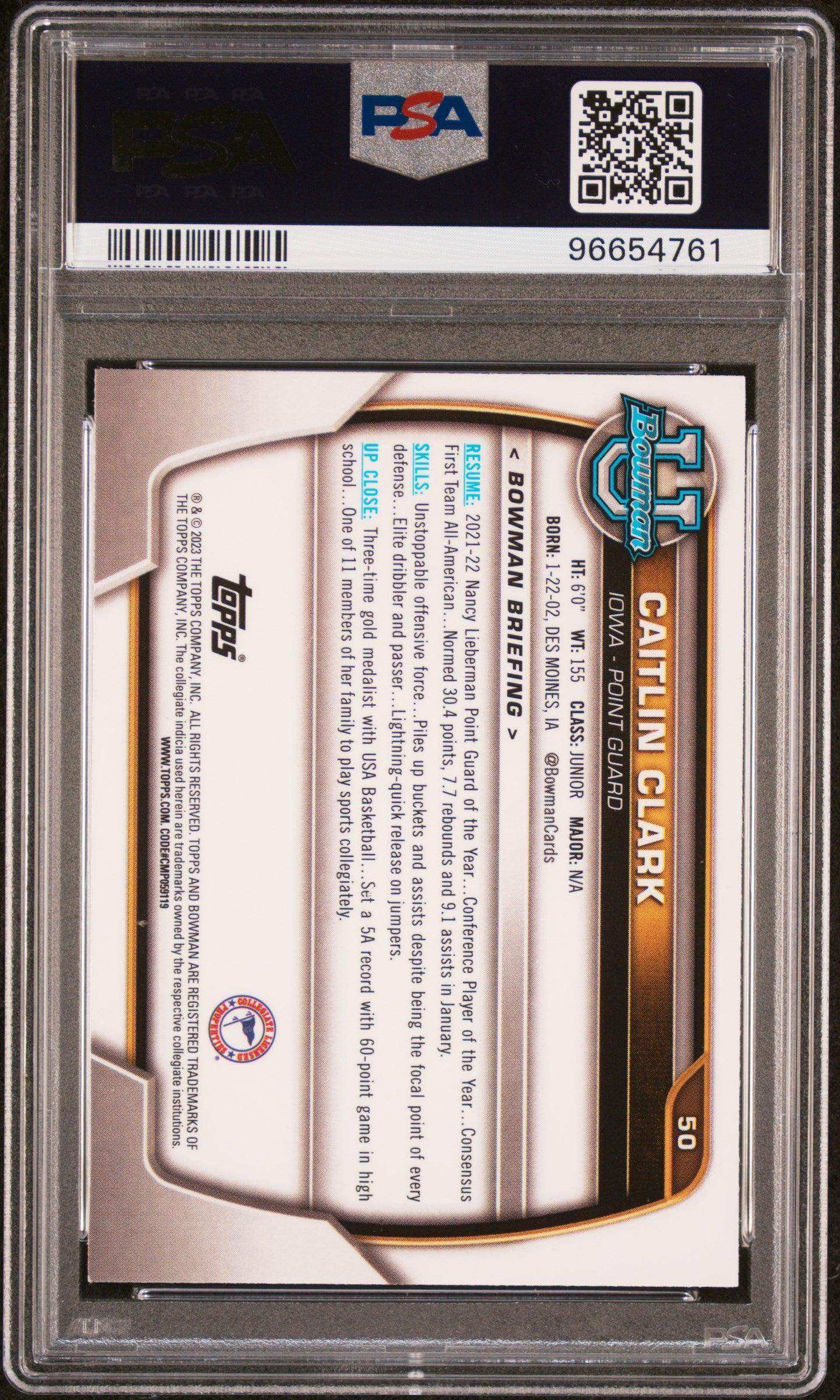 2022 Bowman Chrome University Caitlin Clark #50 PSA 10