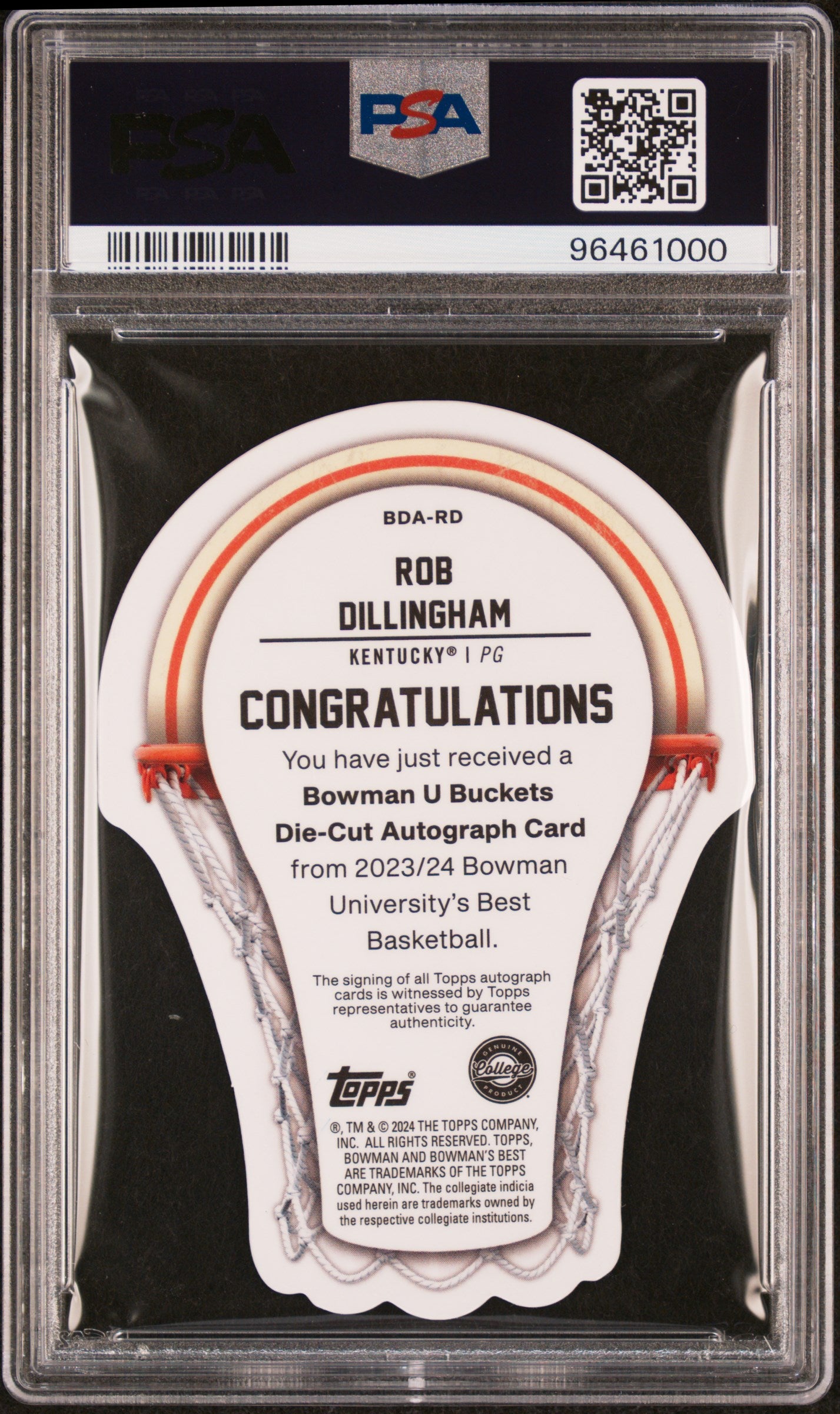 2023 Bowman University Best Bowman U Buckets Die-Cut Autograph Rob Dillingham #BDARD DC Geo Gold Ref PSA 10