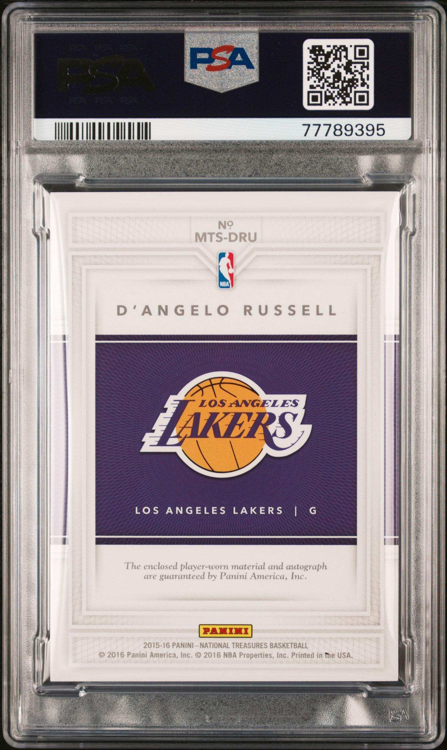 2015 Panini National Treasures Material Treasures Signatures D'angelo Russell #MTSDRU MT. TRS. SIG Laundry TAG PSA 9 Auto 10