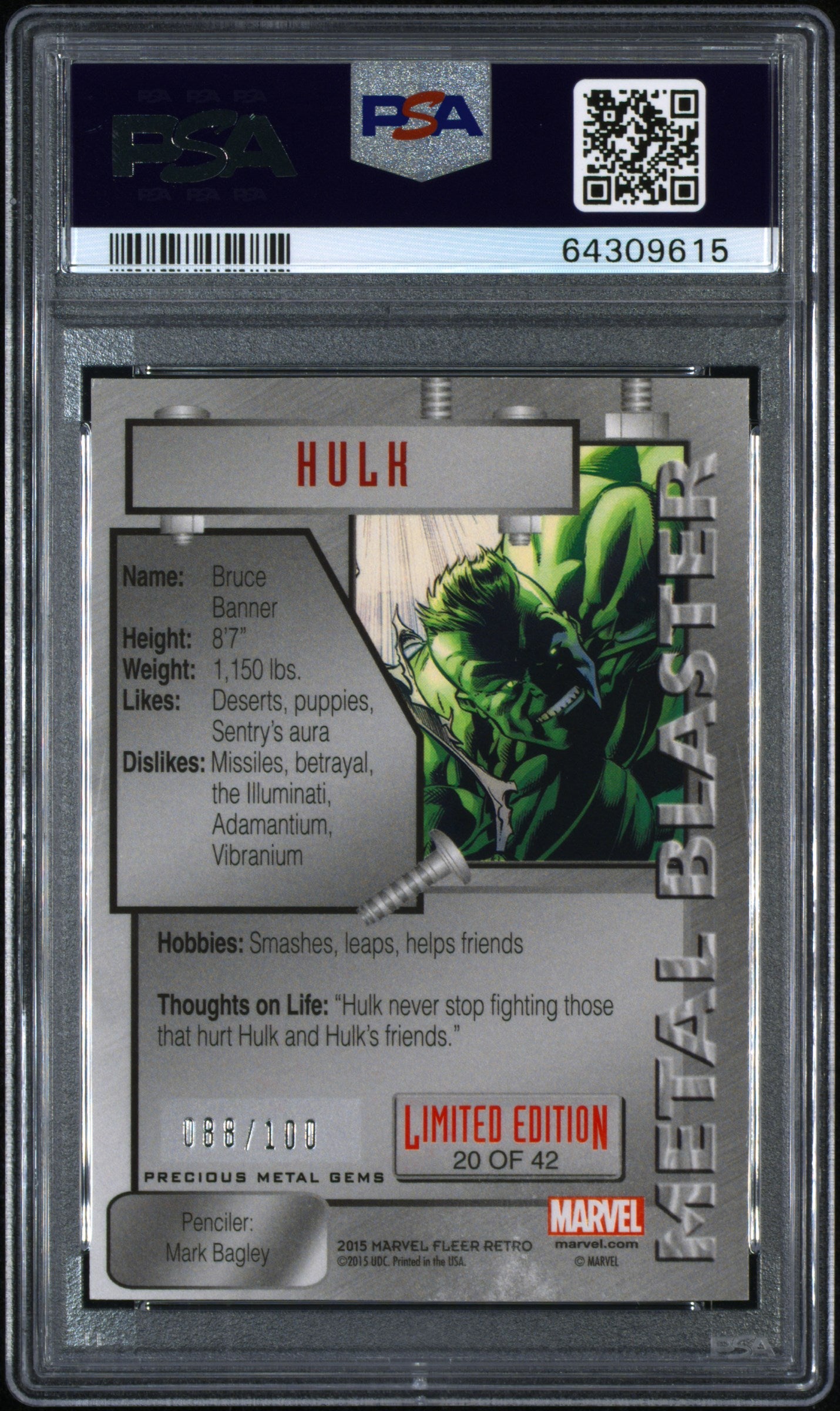 2015 Fleer Retro Marvel 1995 Fleer Marvel Metal Blaster Hulk #20 PSA 6