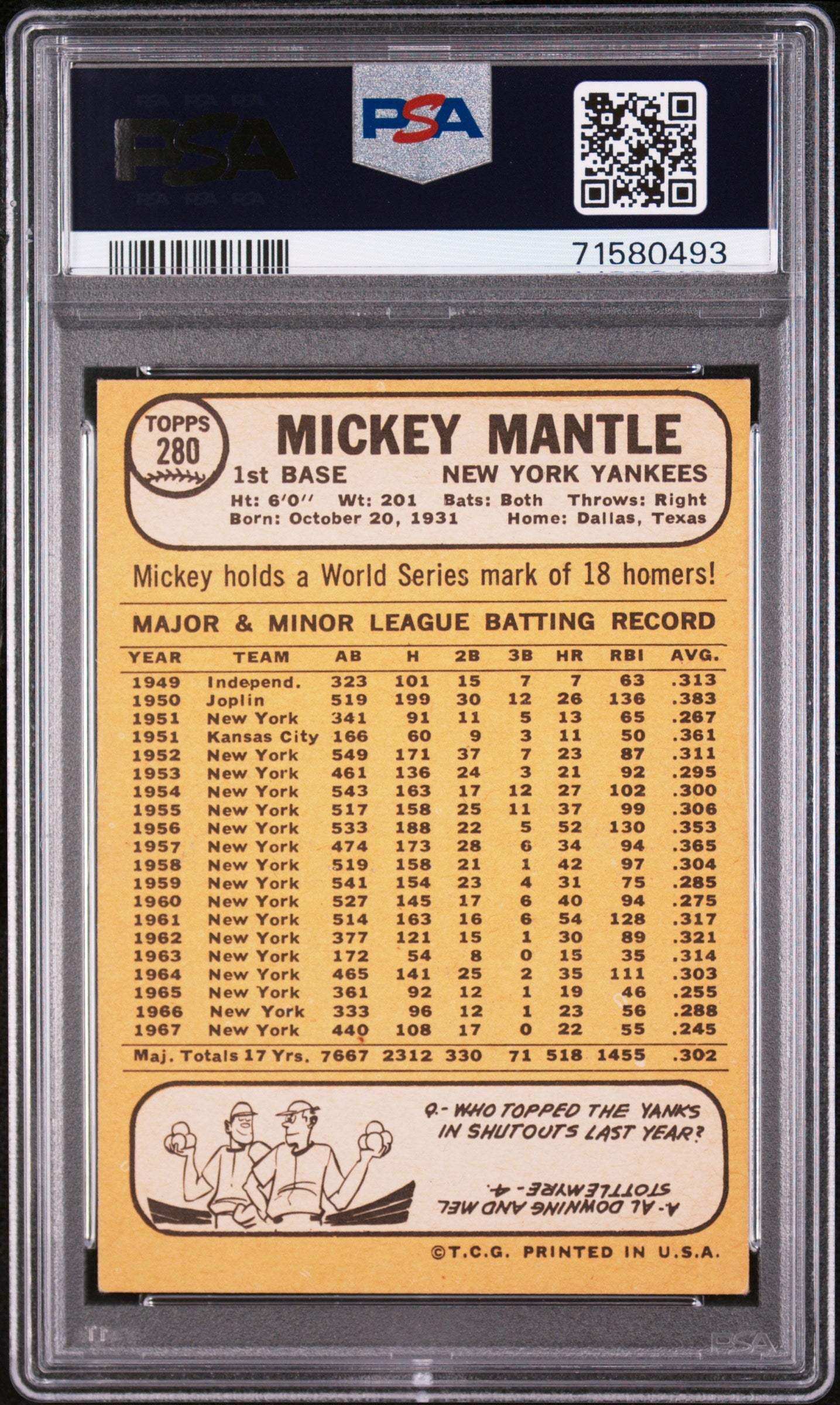 1968 Topps Mickey Mantle #280 PSA 7