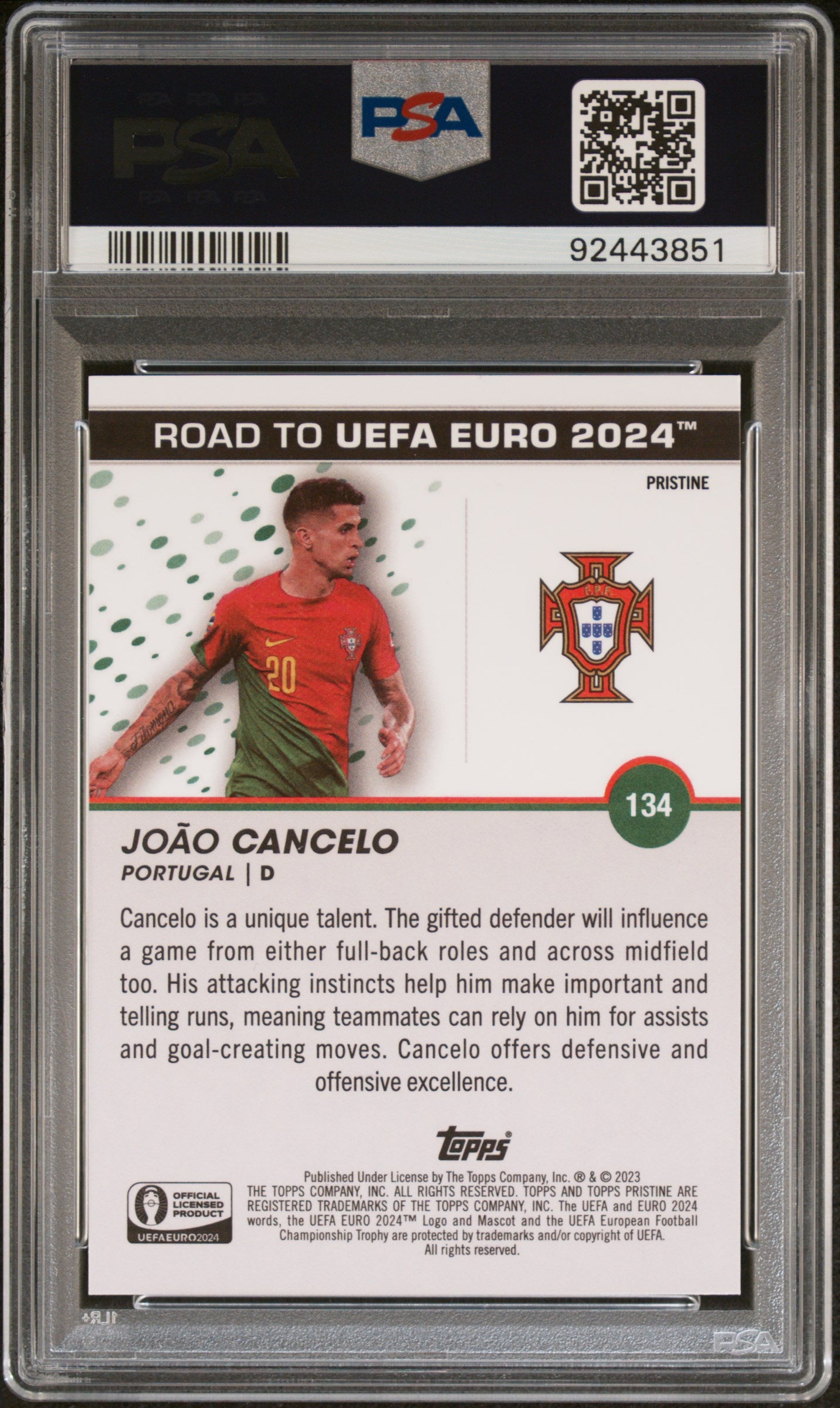 2023 Topps Pristine Road To UEFA Euro 2024 Joao Cancelo #134 Pink PSA 10