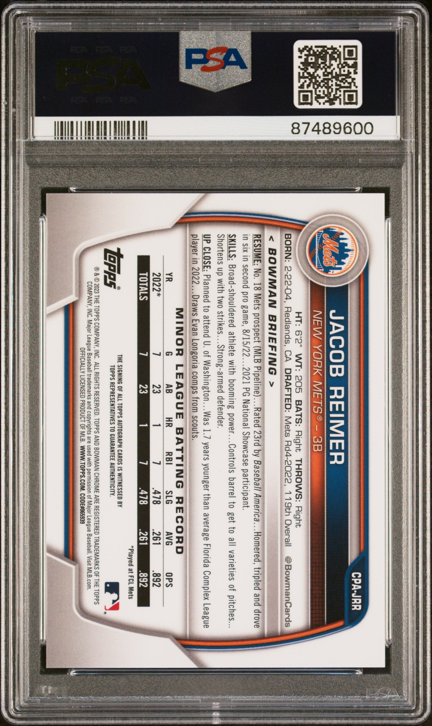 2023 Bowman Chrome Prospect Autographs Jacob Reimer #CPAJRR Green Lava PSA 9