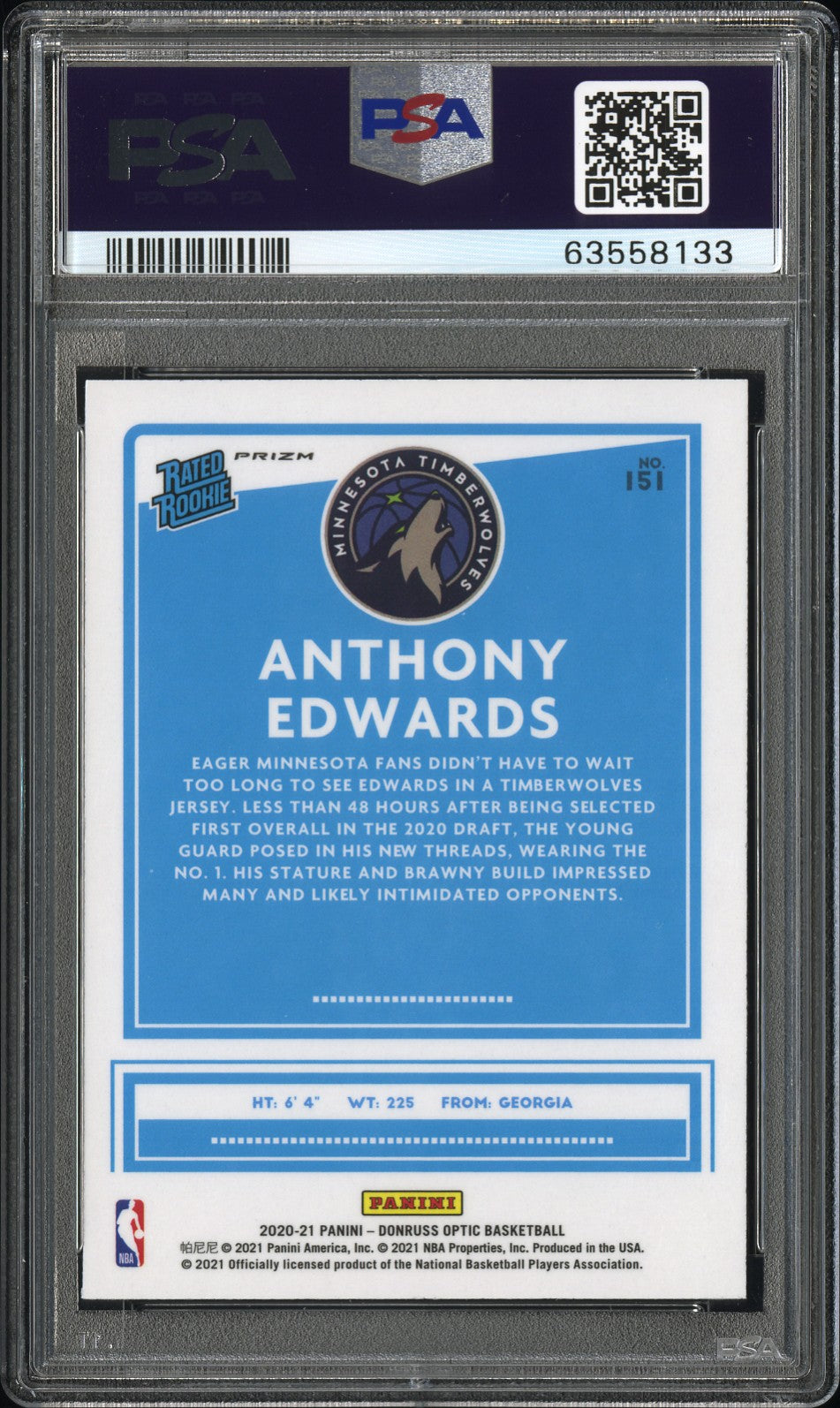 2020 Panini Donruss Optic Anthony Edwards #151 Holo PSA 10