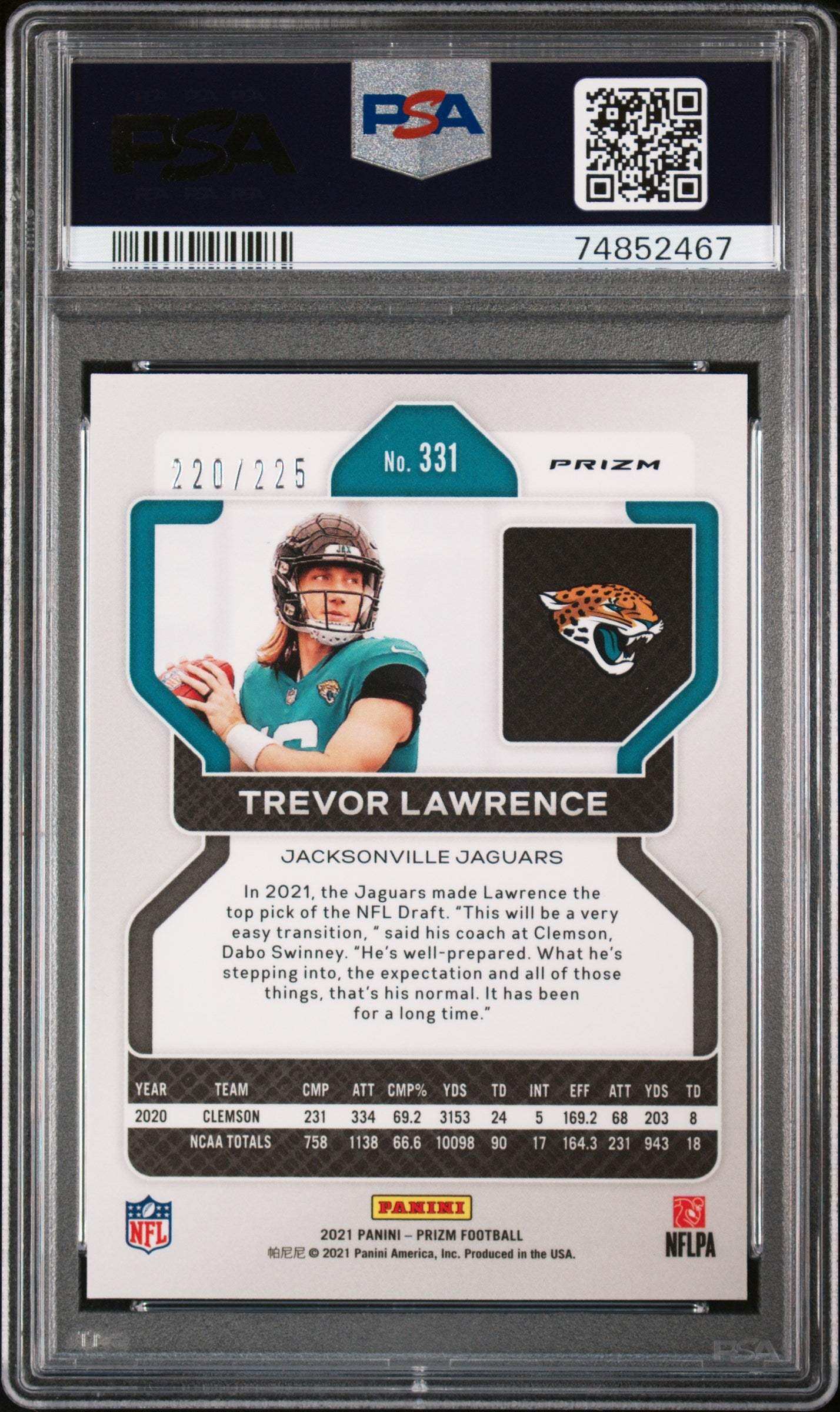 2021 Panini Prizm Trevor Lawrence #331 Purple Ice PSA 9