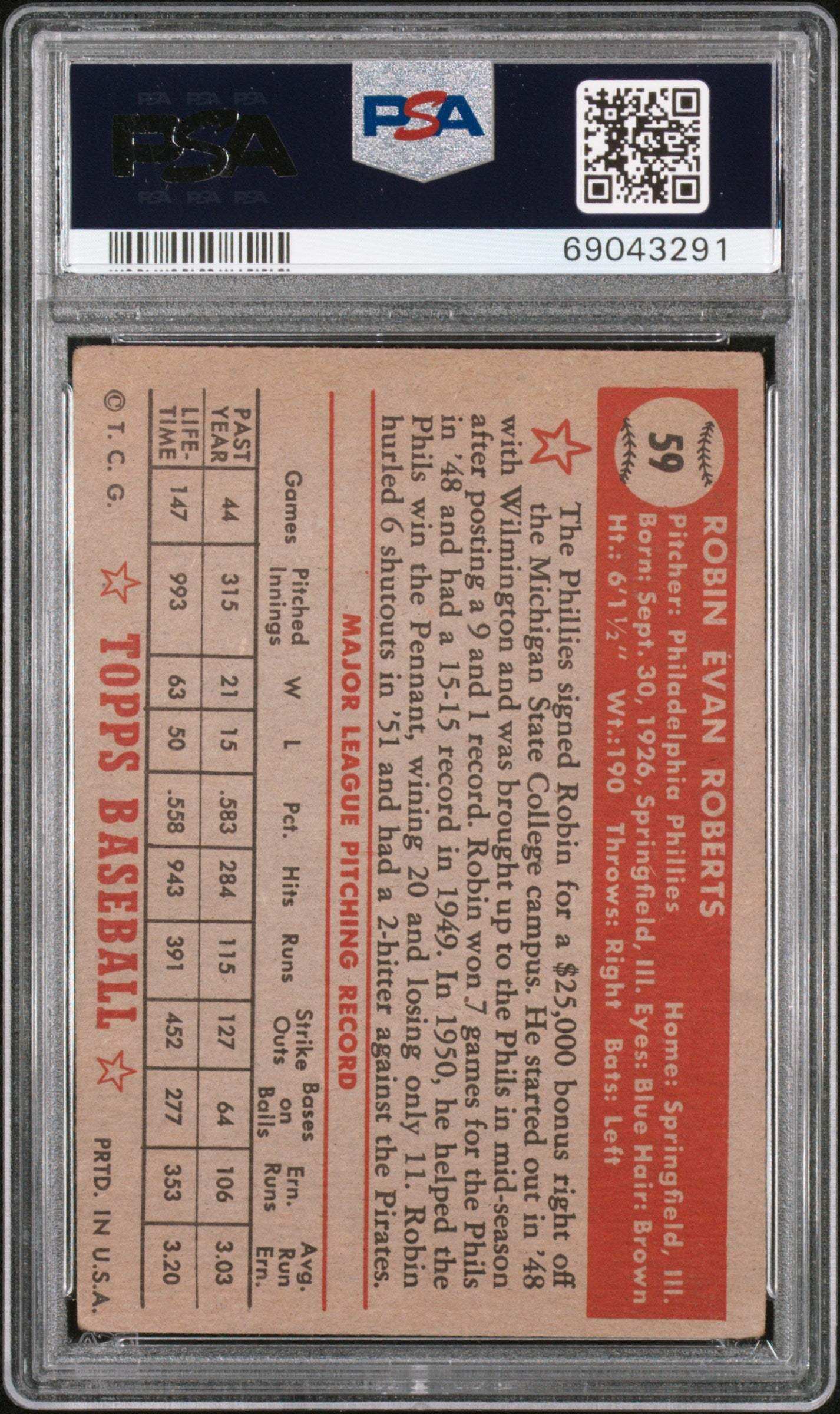 1952 Topps Robin Roberts #59 PSA 3