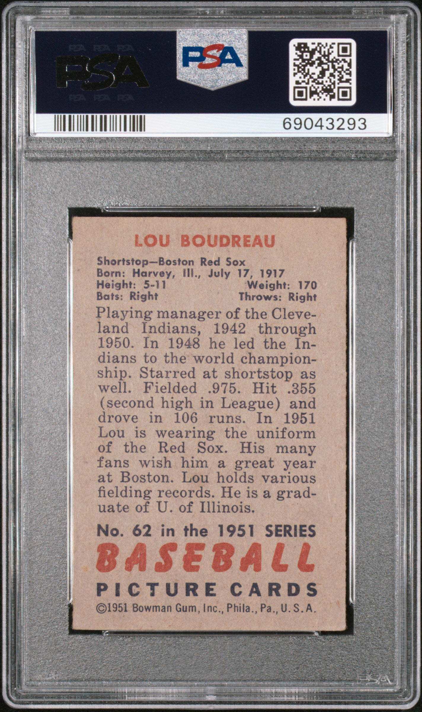 1951 Bowman Lou Boudreau #62 PSA 4