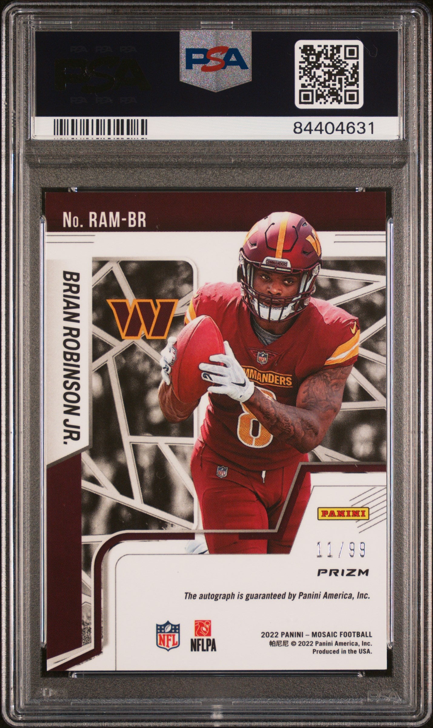 2022 Panini Mosaic Rookie Autograph Mosaic Brian Robinson JR. #RAMBR RK. Au. Mosaic Blue PSA 9