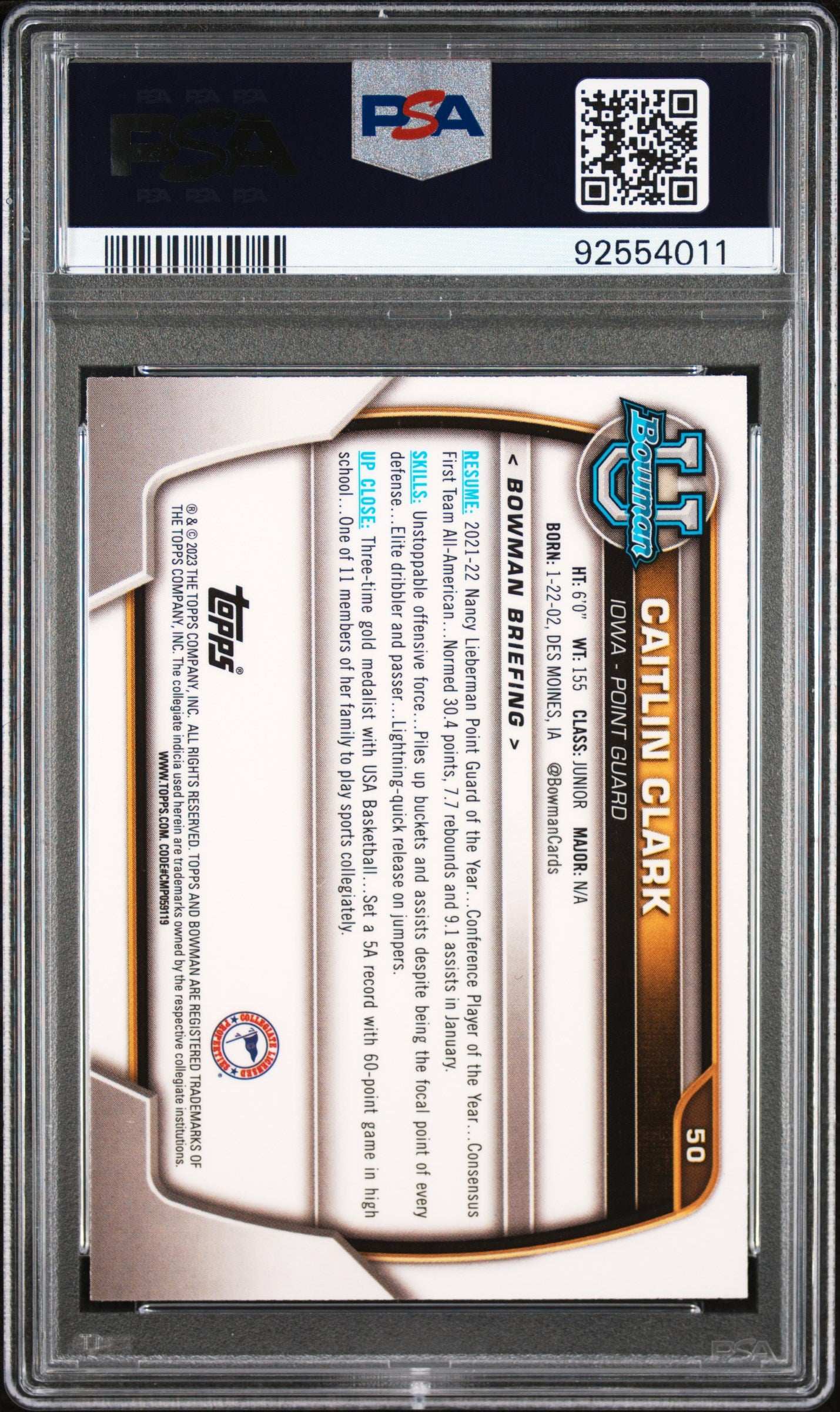 2022 Bowman Chrome University Caitlin Clark #50 PSA 9