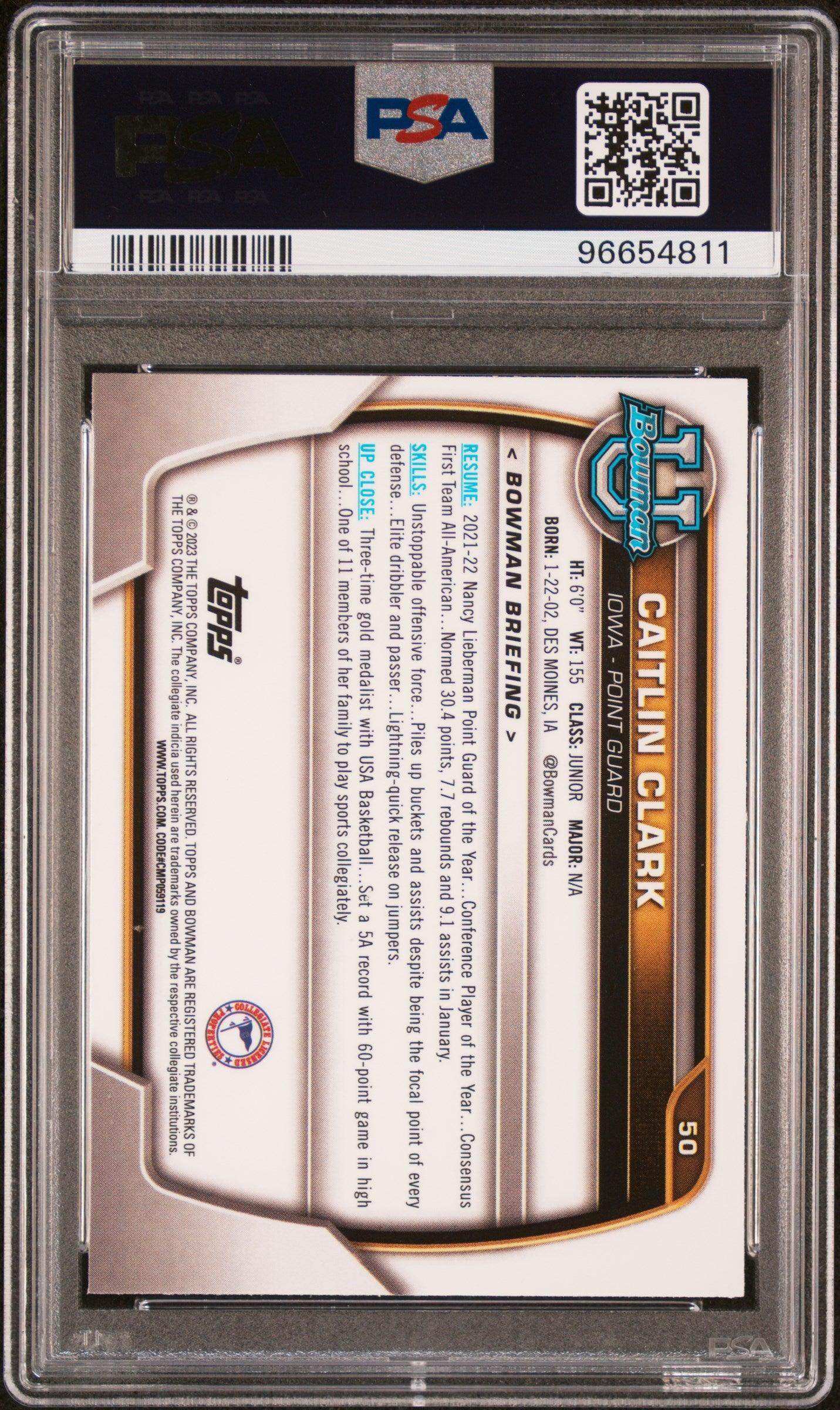 2022 Bowman Chrome University Caitlin Clark #50 PSA 9