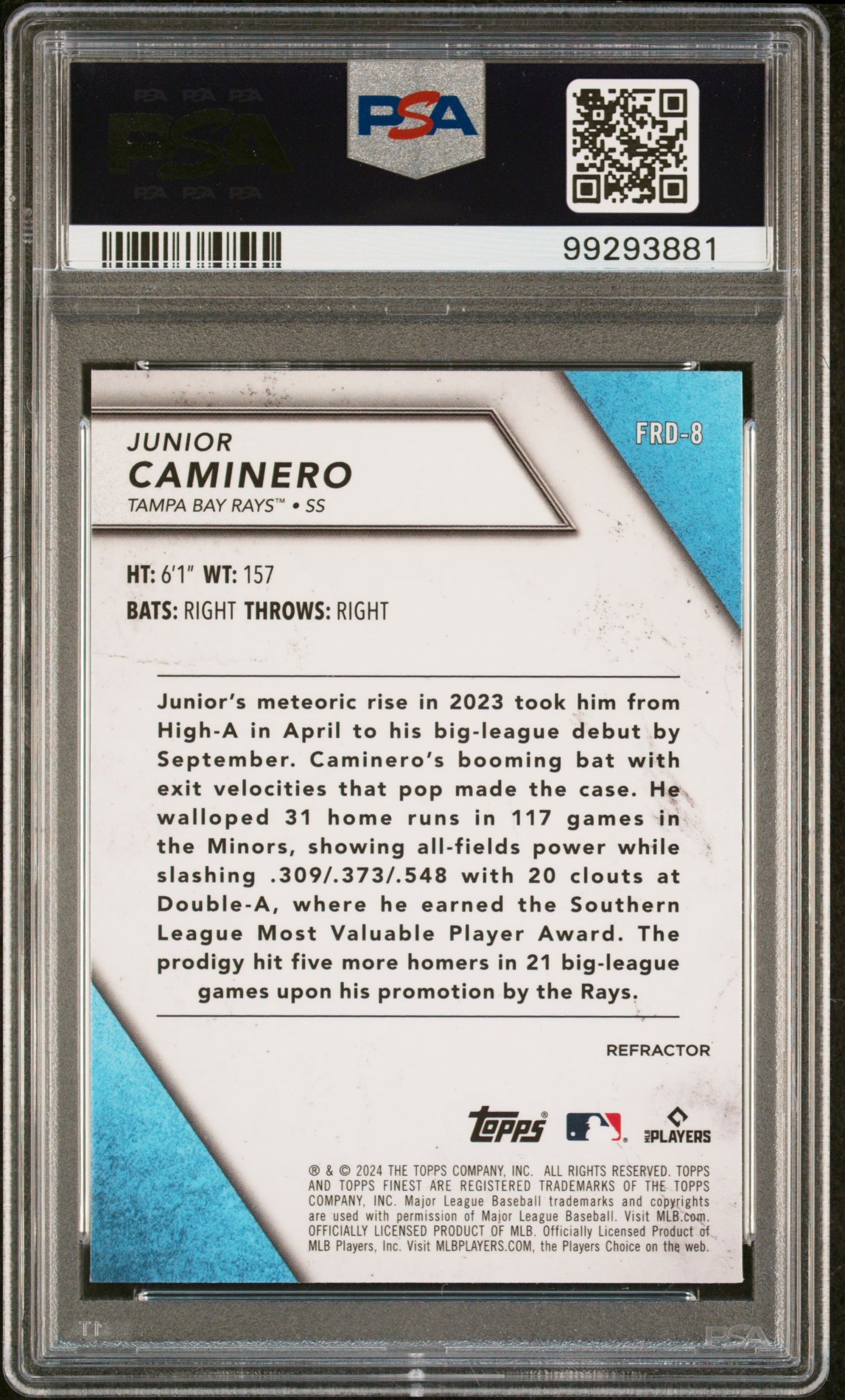 2024 Topps Finest Finest Rookie Design Variation Junior Caminero #FRD8 Refractor PSA 9