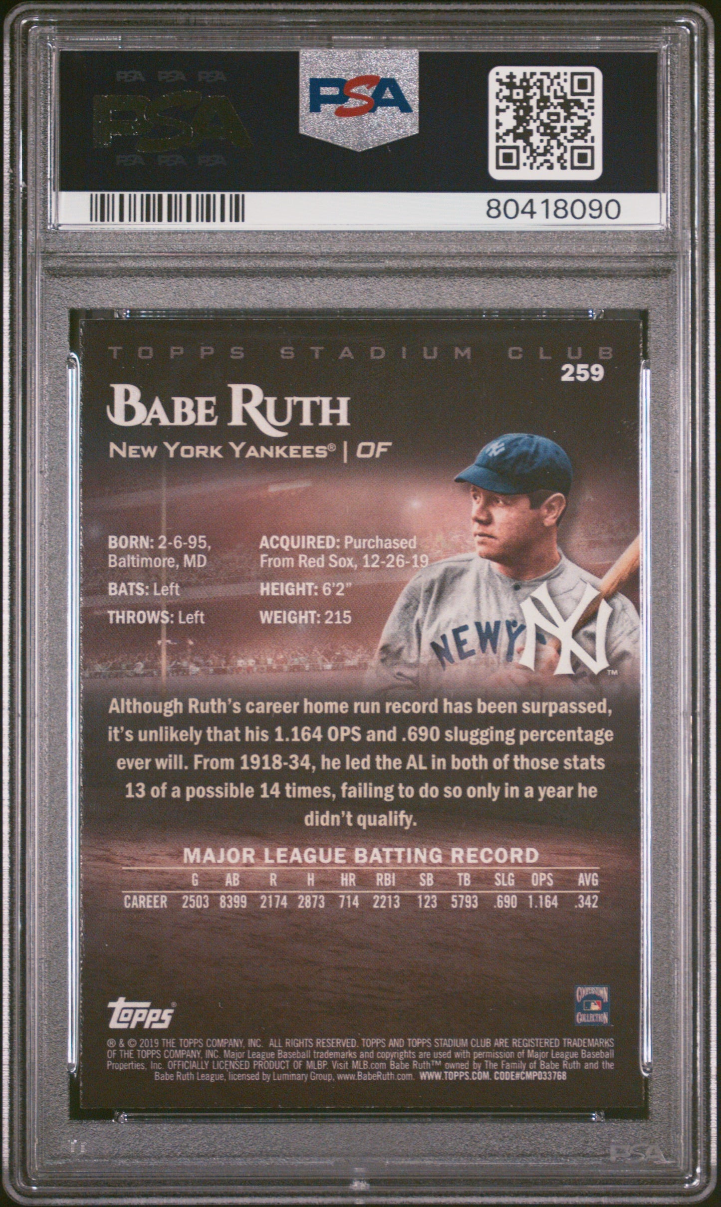 2019 Stadium Club Babe Ruth #259 PSA 9