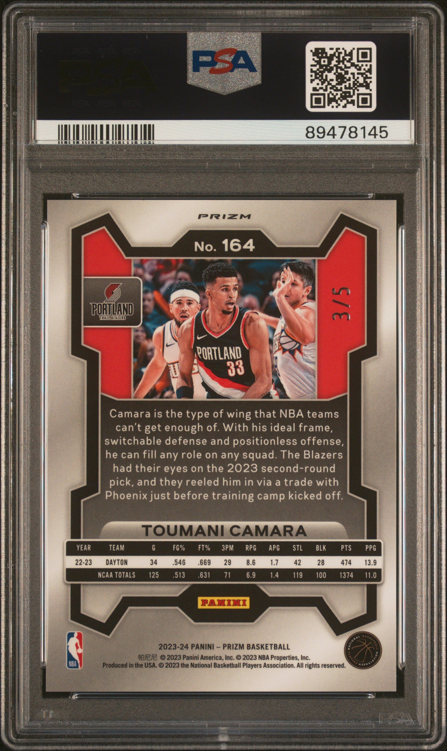 2023 Panini Prizm Toumani Camara #164 Black Gold PSA 10