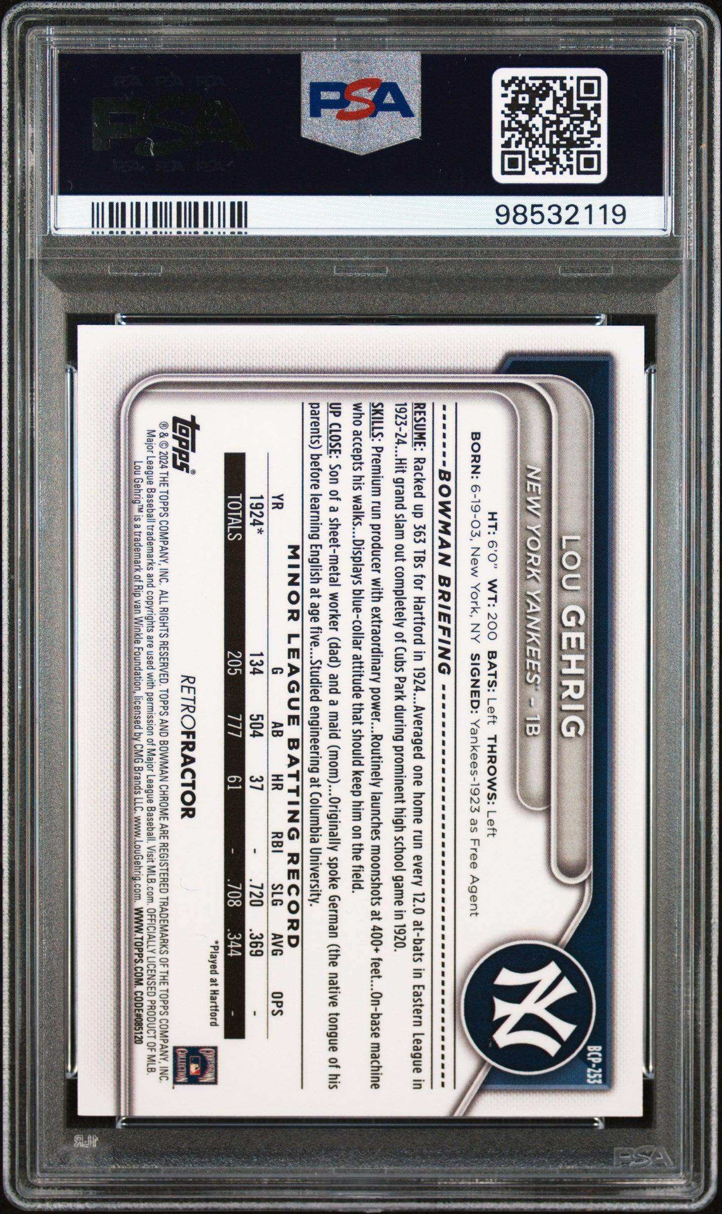 2024 Bowman Chrome Prospects Lou Gehrig #BCP253 Prospects Rtrfrctr Org Ref PSA 10