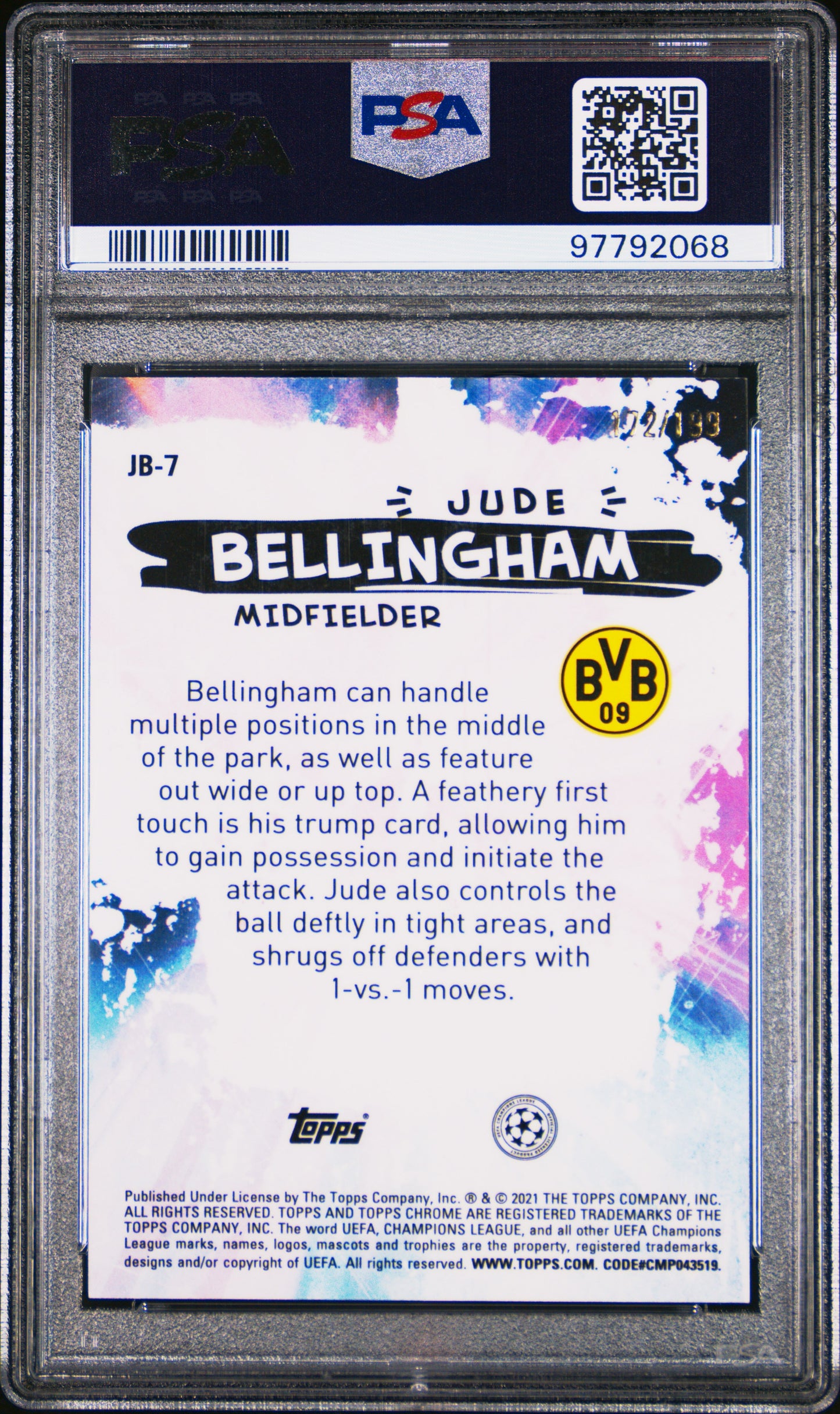 2020 Topps Chrome UEFA Champions League Joga Bonito Jude Bellingham #JB7 Aqua Refractor PSA 9