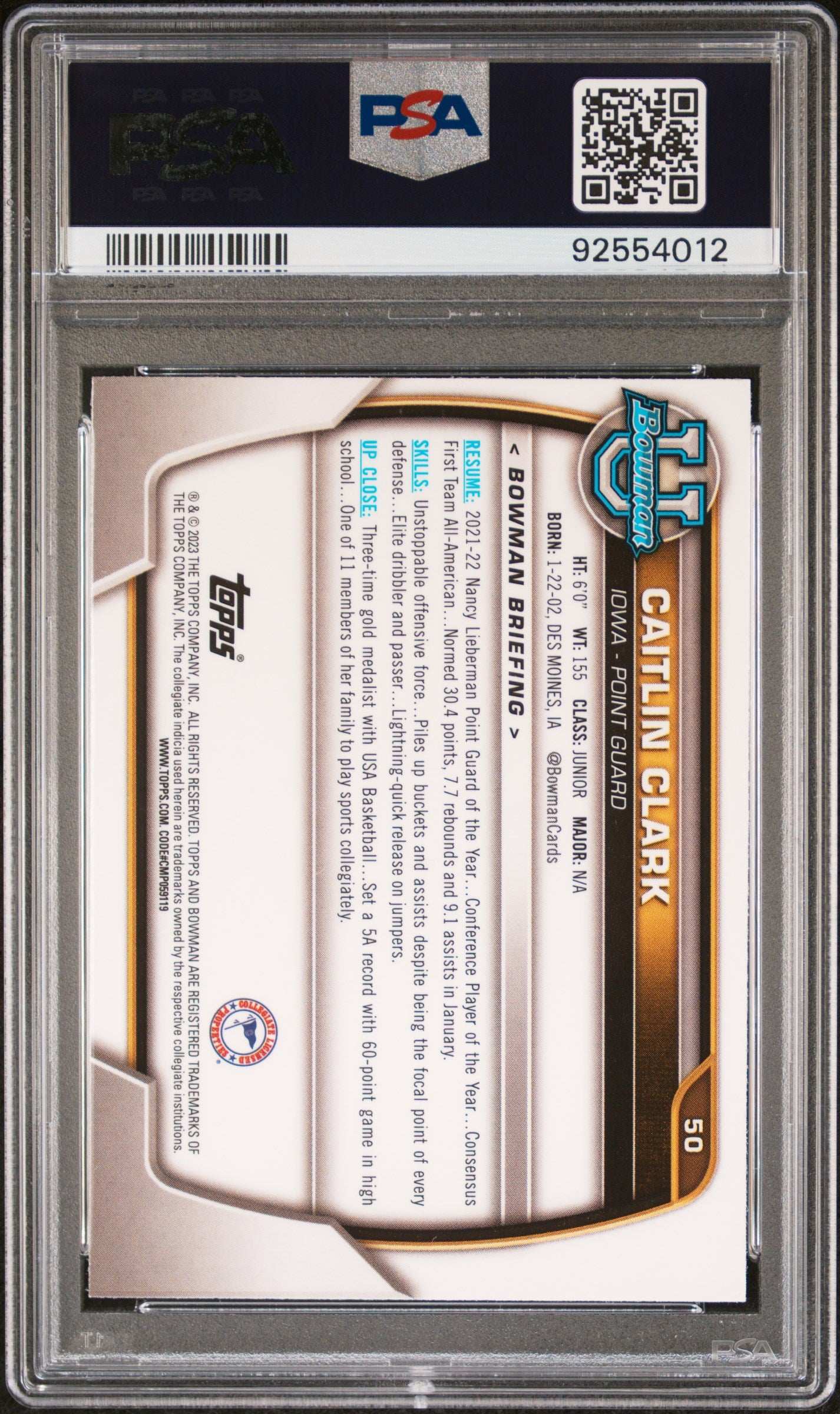 2022 Bowman Chrome University Caitlin Clark #50 PSA 9