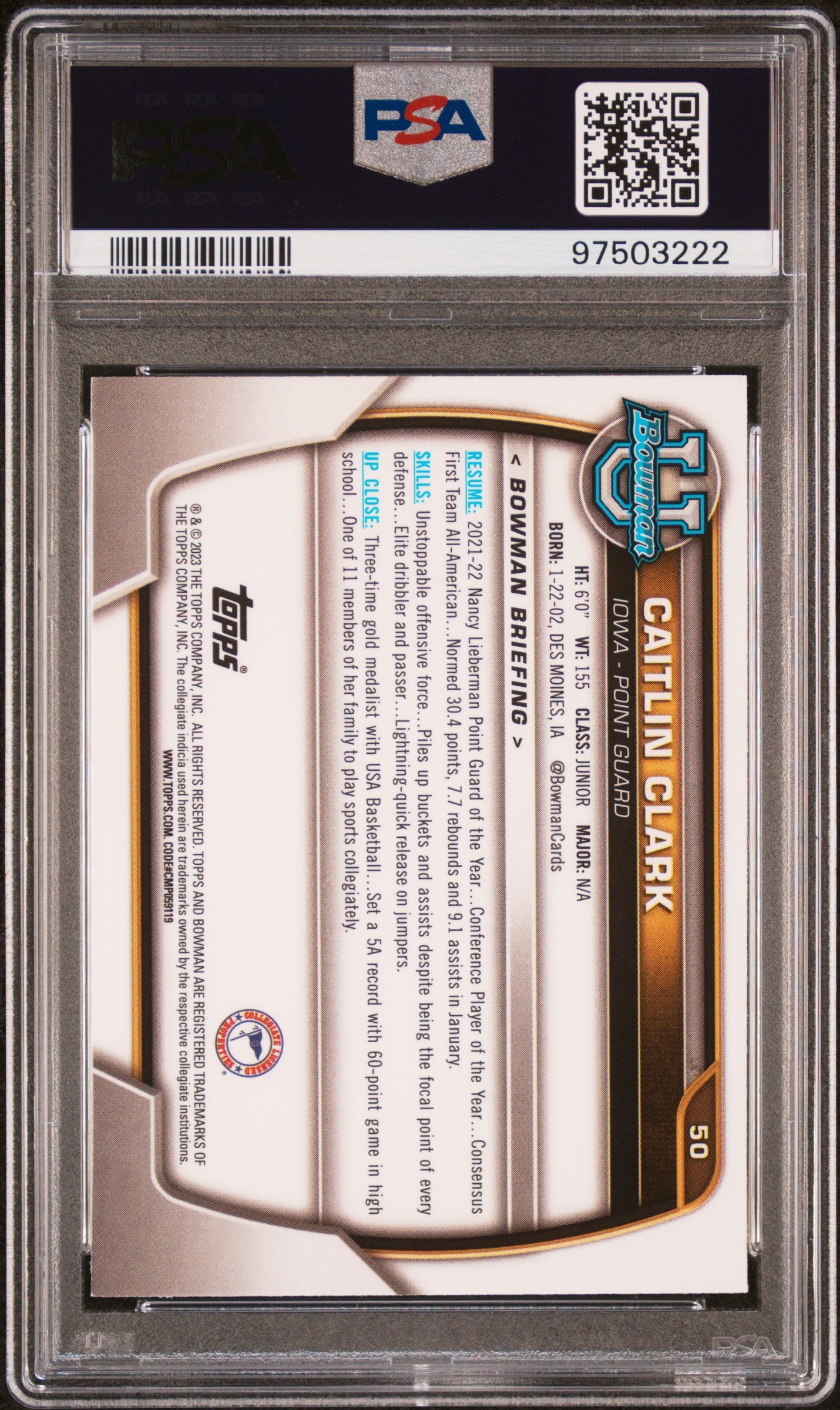 2022 Bowman Chrome University Caitlin Clark #50 PSA 9