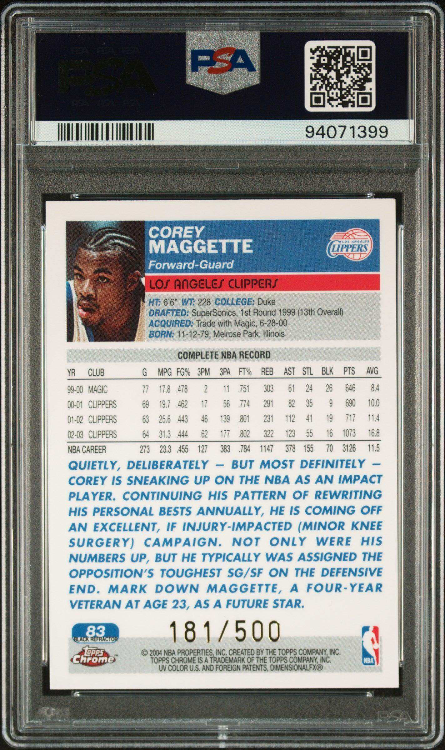 2003 Topps Chrome Corey Maggette #83 Black Refractor PSA 8