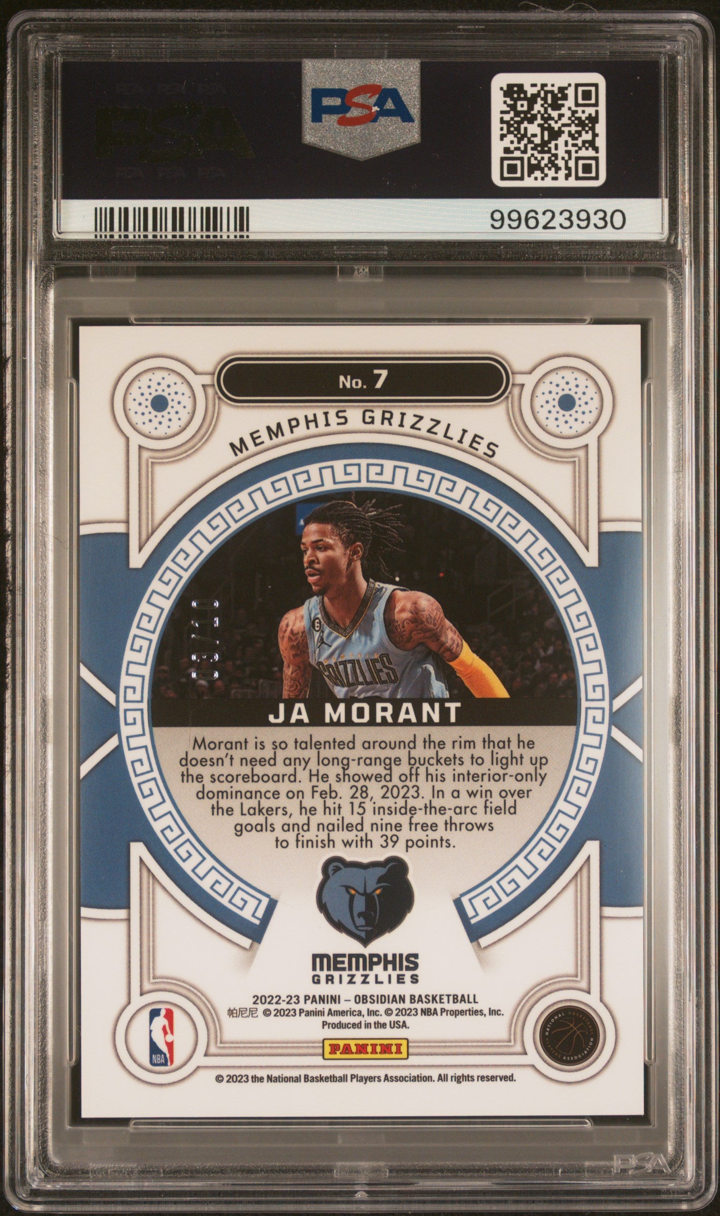 2022 Panini Obsidian Orbital Ja Morant #7 Electric Etch Yellow PSA 9