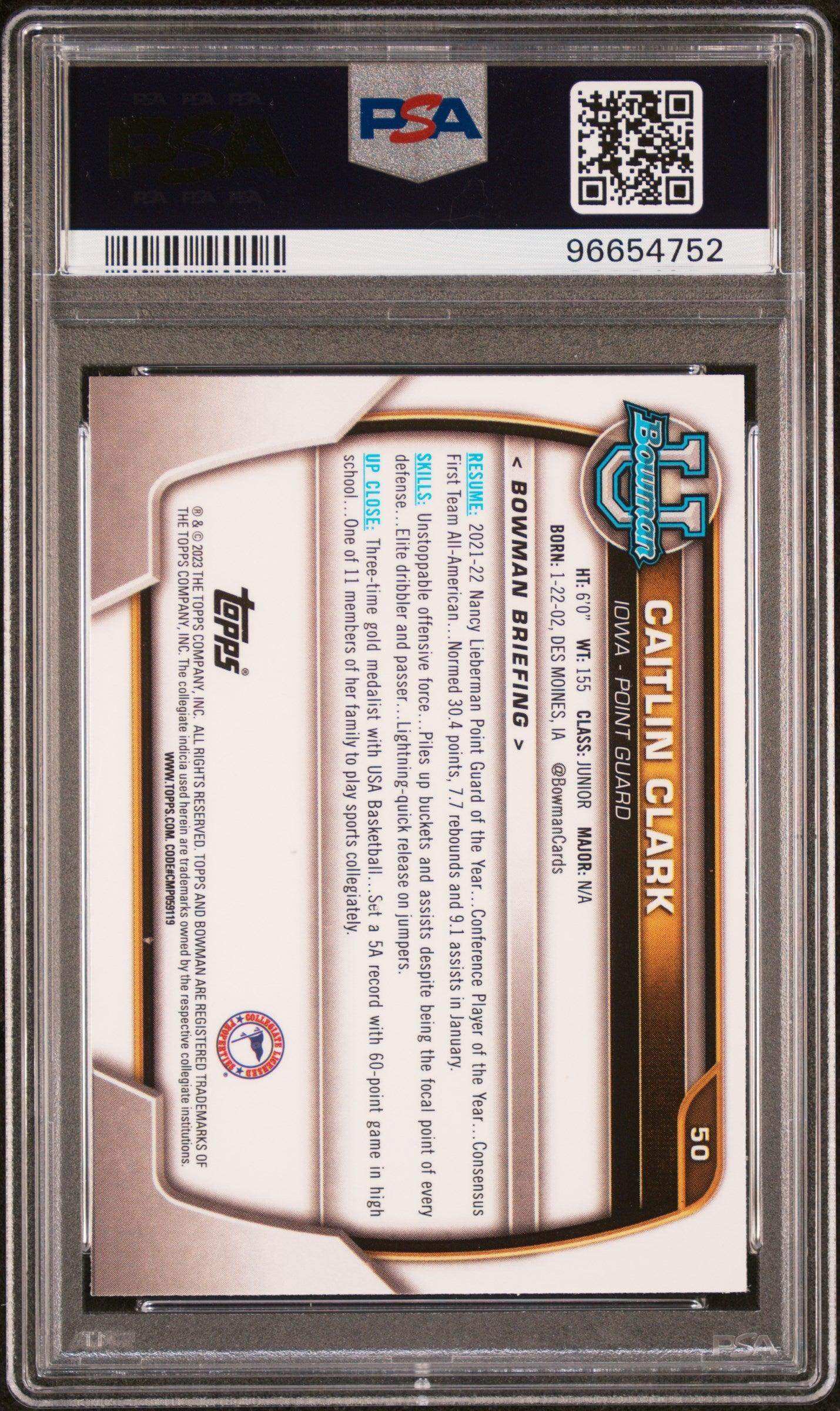 2022 Bowman Chrome University Caitlin Clark #50 PSA