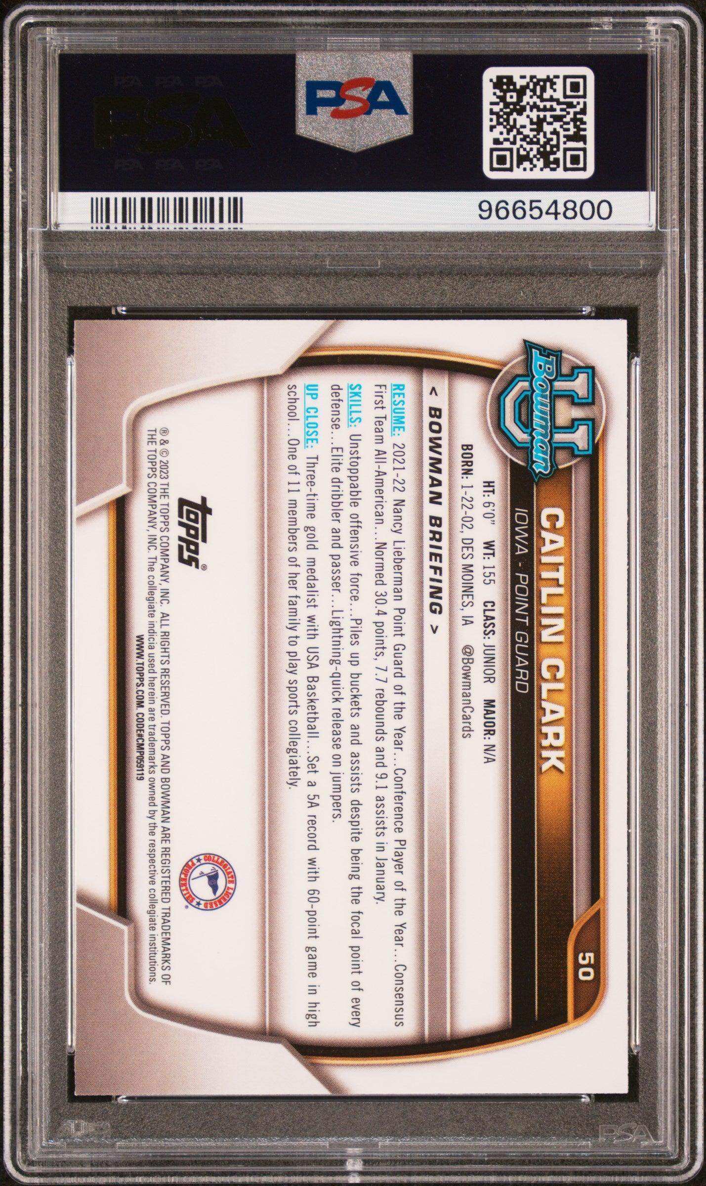 2022 Bowman Chrome University Caitlin Clark #50 PSA 10