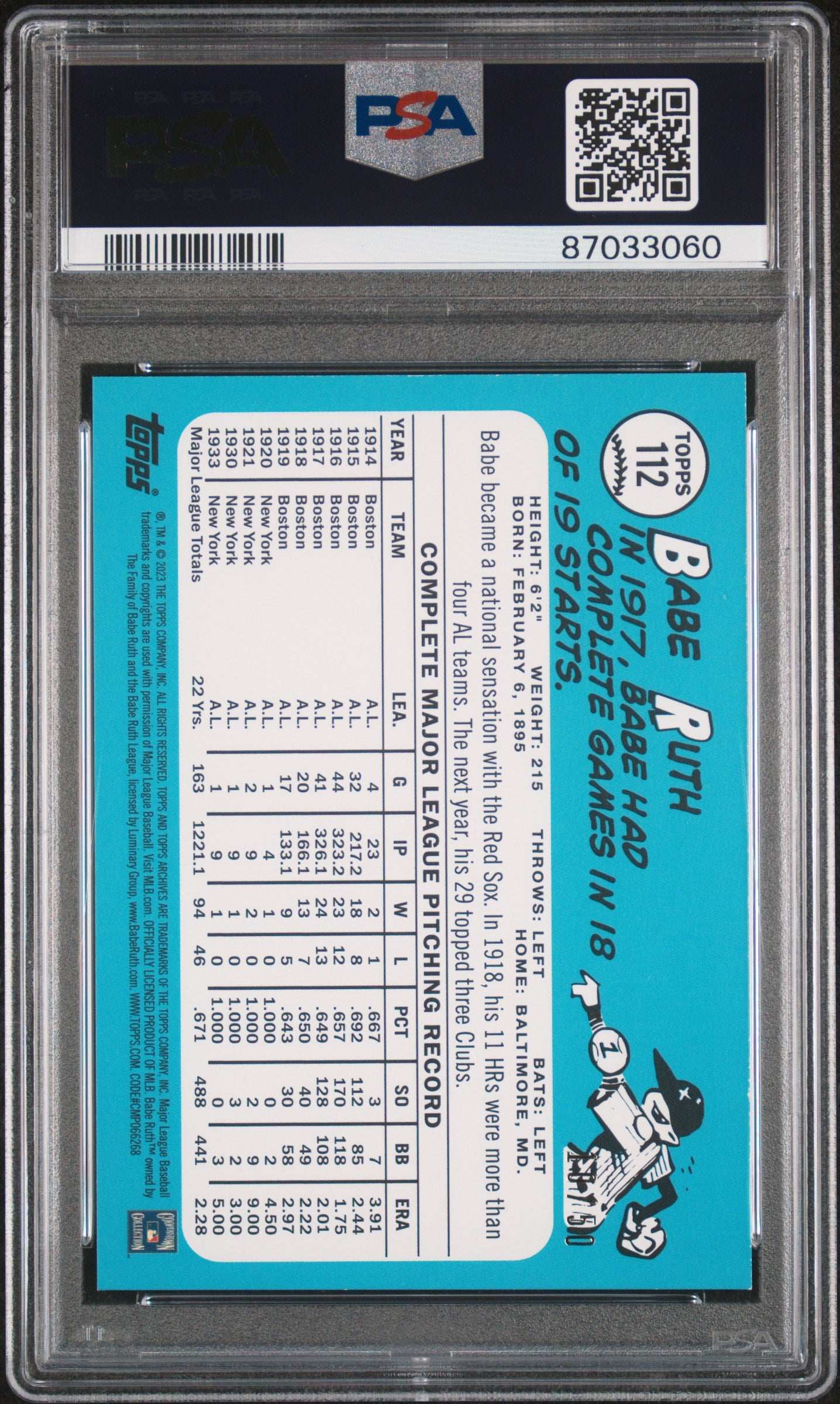 2023 Topps Archives Babe Ruth #112 Inverted Red Hot Foil PSA 8