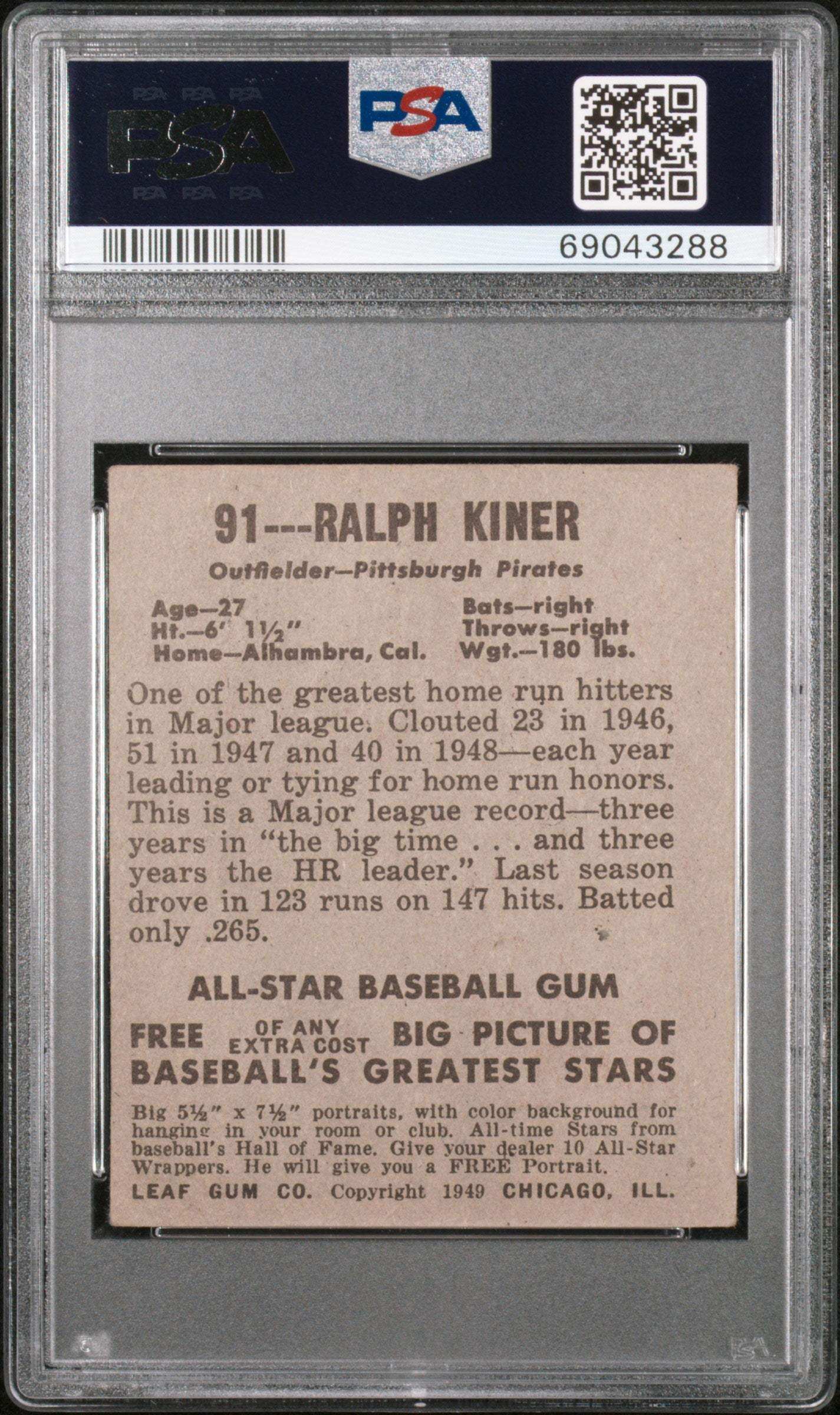 1948 Leaf Ralph Kiner #91 PSA 3.5