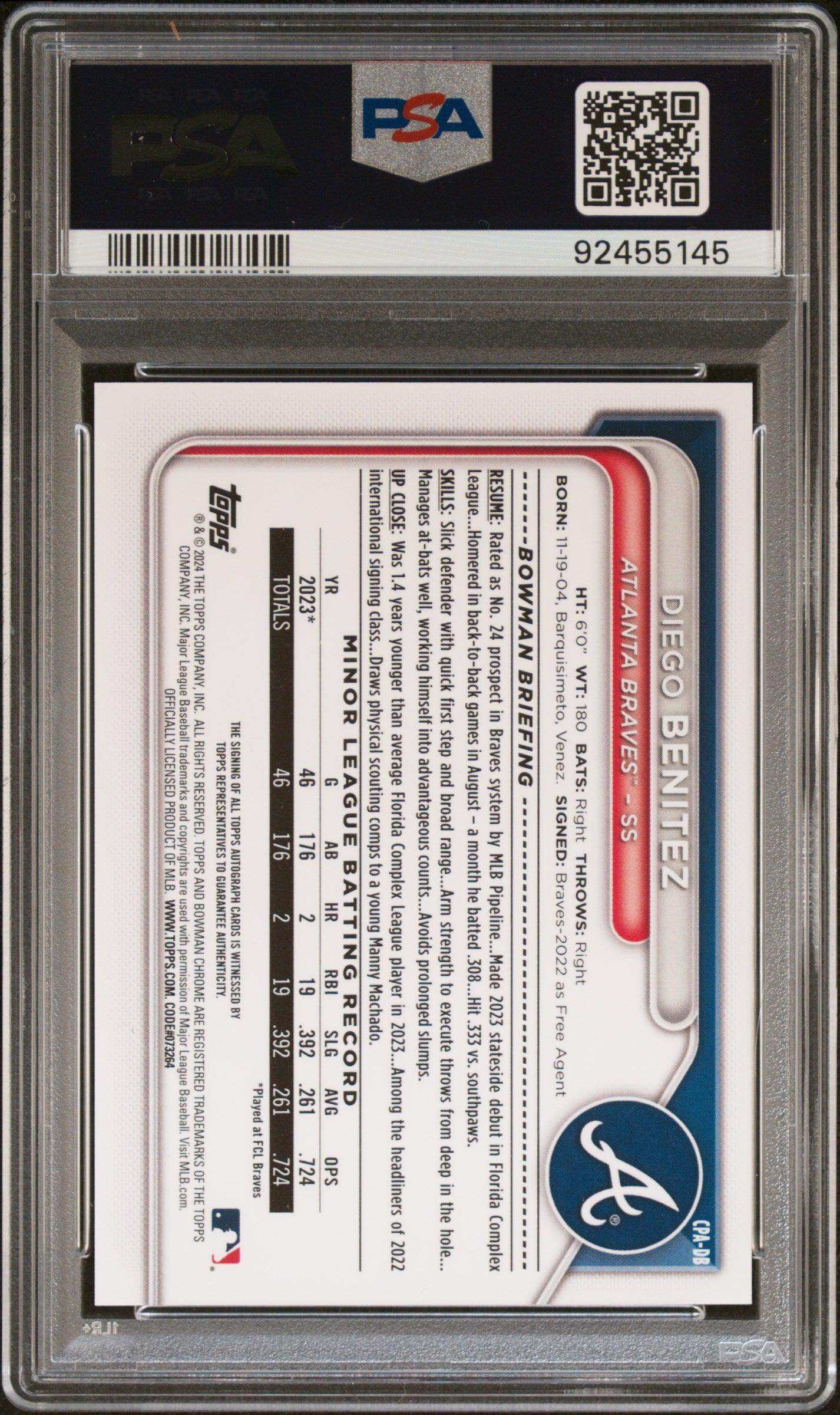 2024 Bowman Chrome Prospect Autographs Diego Benitez #CPADB CHR Prospect Au Red Lava PSA 10