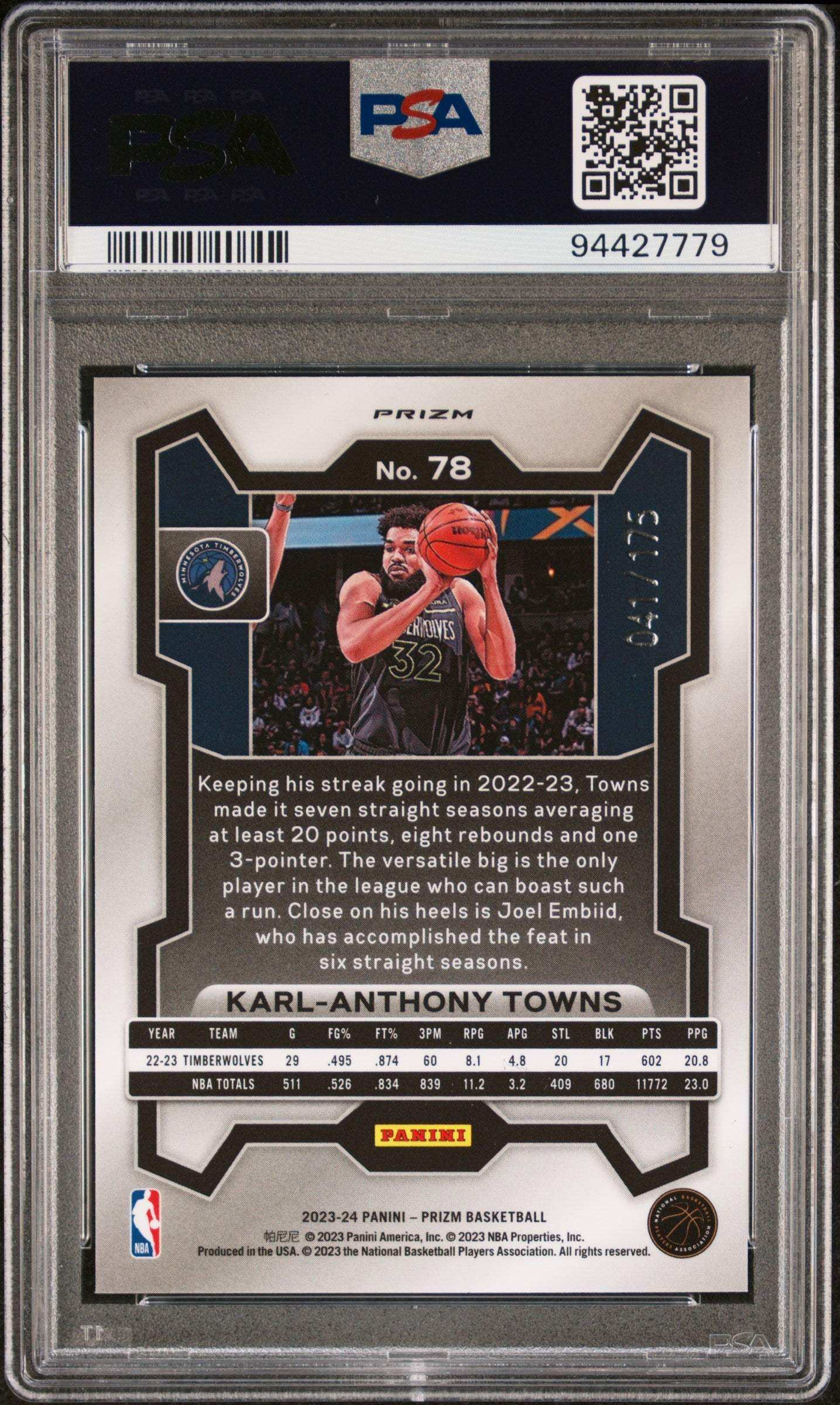 2023 Panini Prizm Karl-Anthony Towns #78 White PSA 10