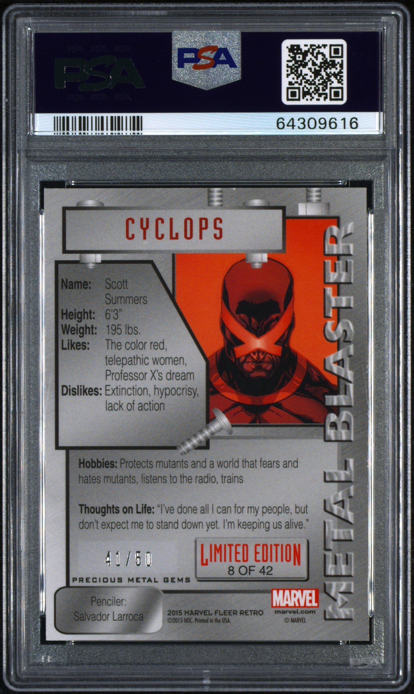 2015 Fleer Retro Marvel 1995 Fleer Marvel Metal Blaster Cyclops #8 PSA 7