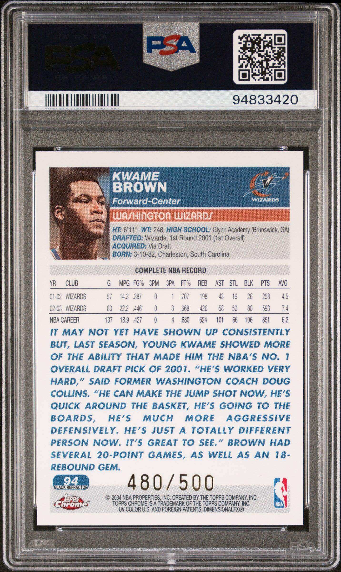 2003 Topps Chrome Kwame Brown #94 Black Refractor PSA 8